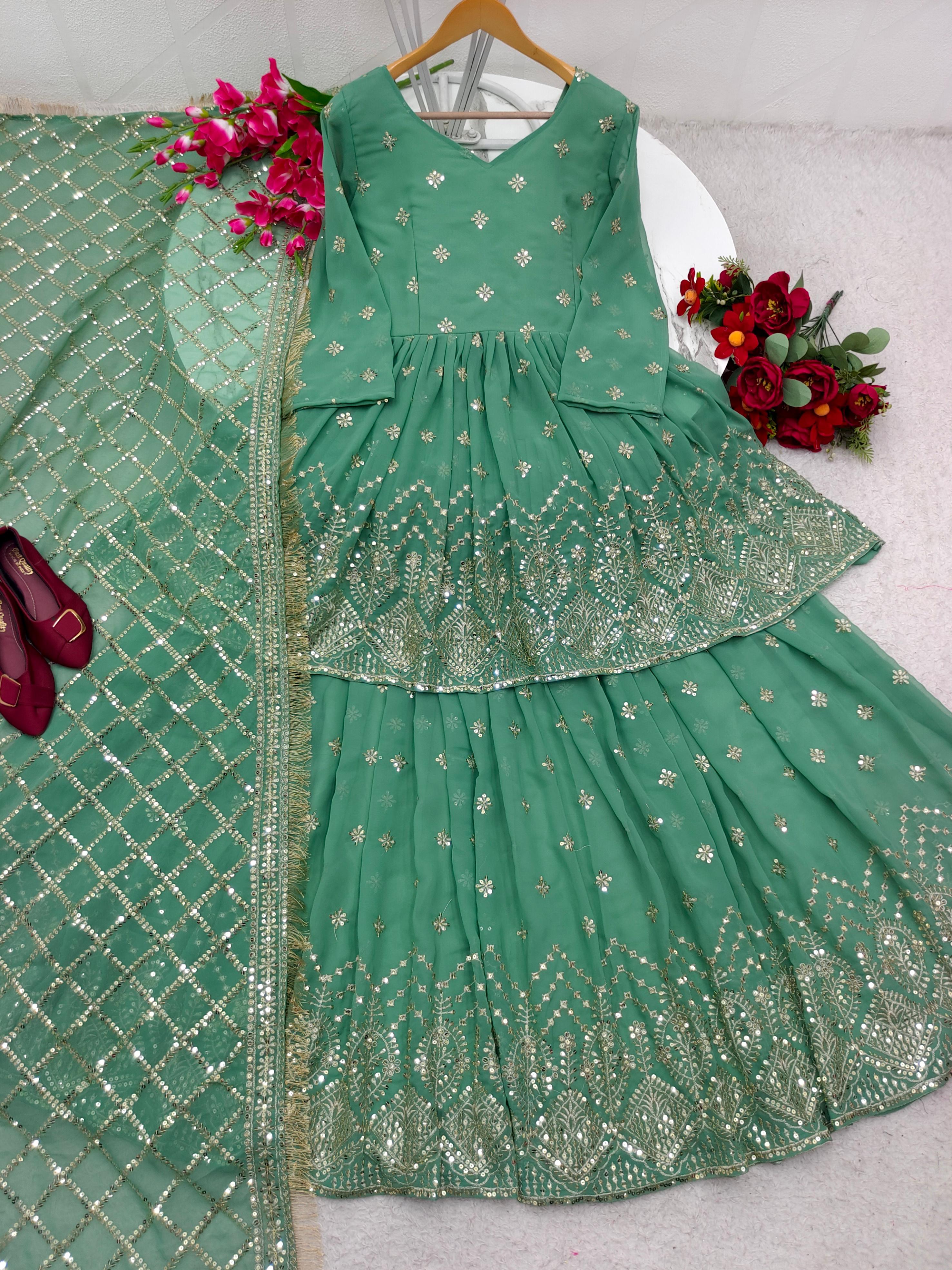 Green Exotic Embroidery Sequence Work Lehenga With Kediyu