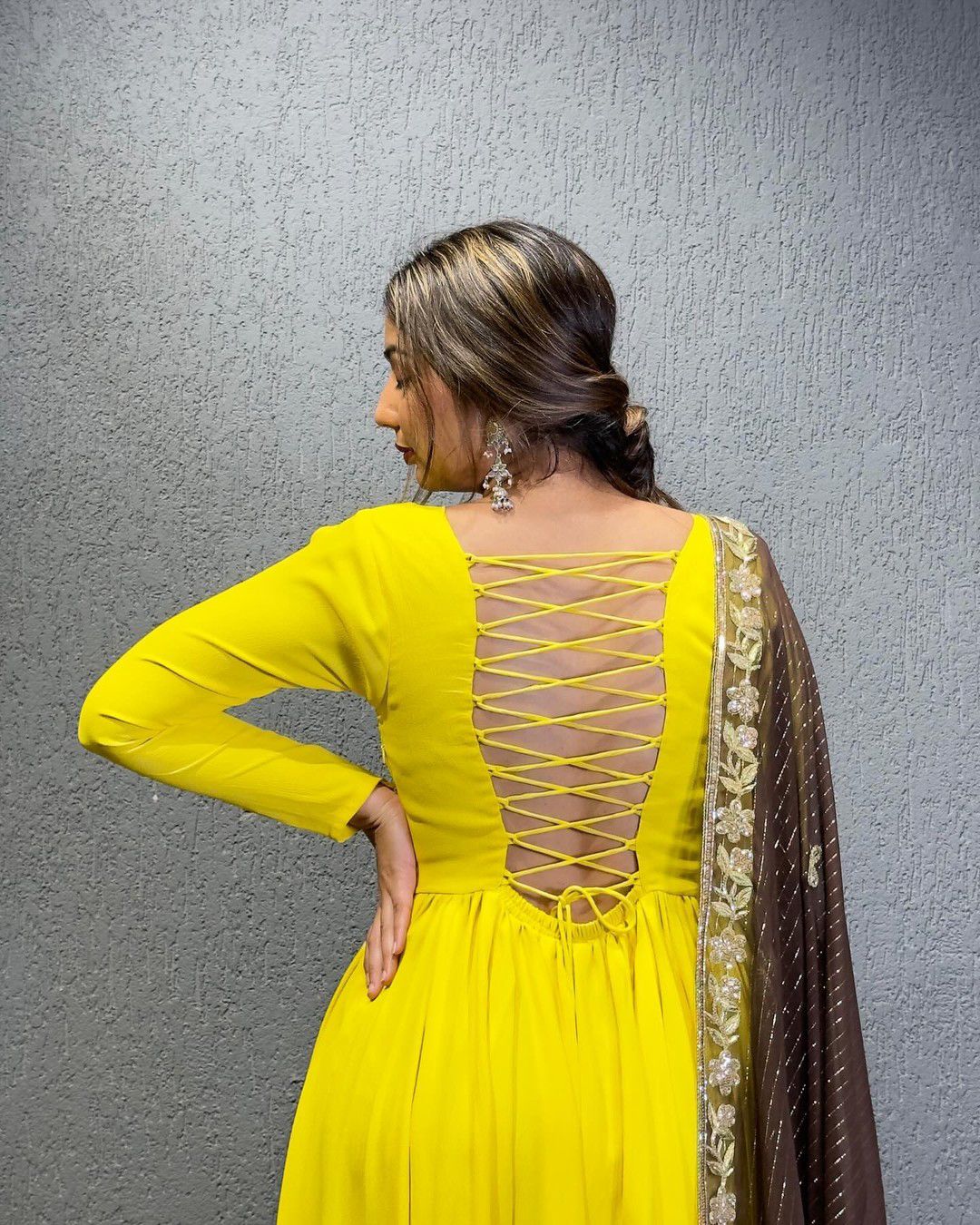 Backside Dori Pattern Yellow Gown With Brown Dupatta