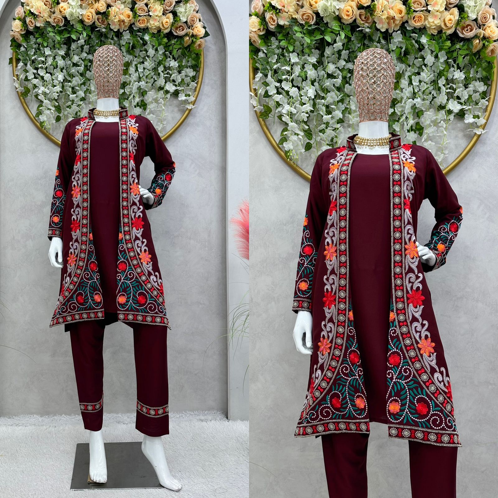 Fashionable Maroon Color Designer Suit With Shrug