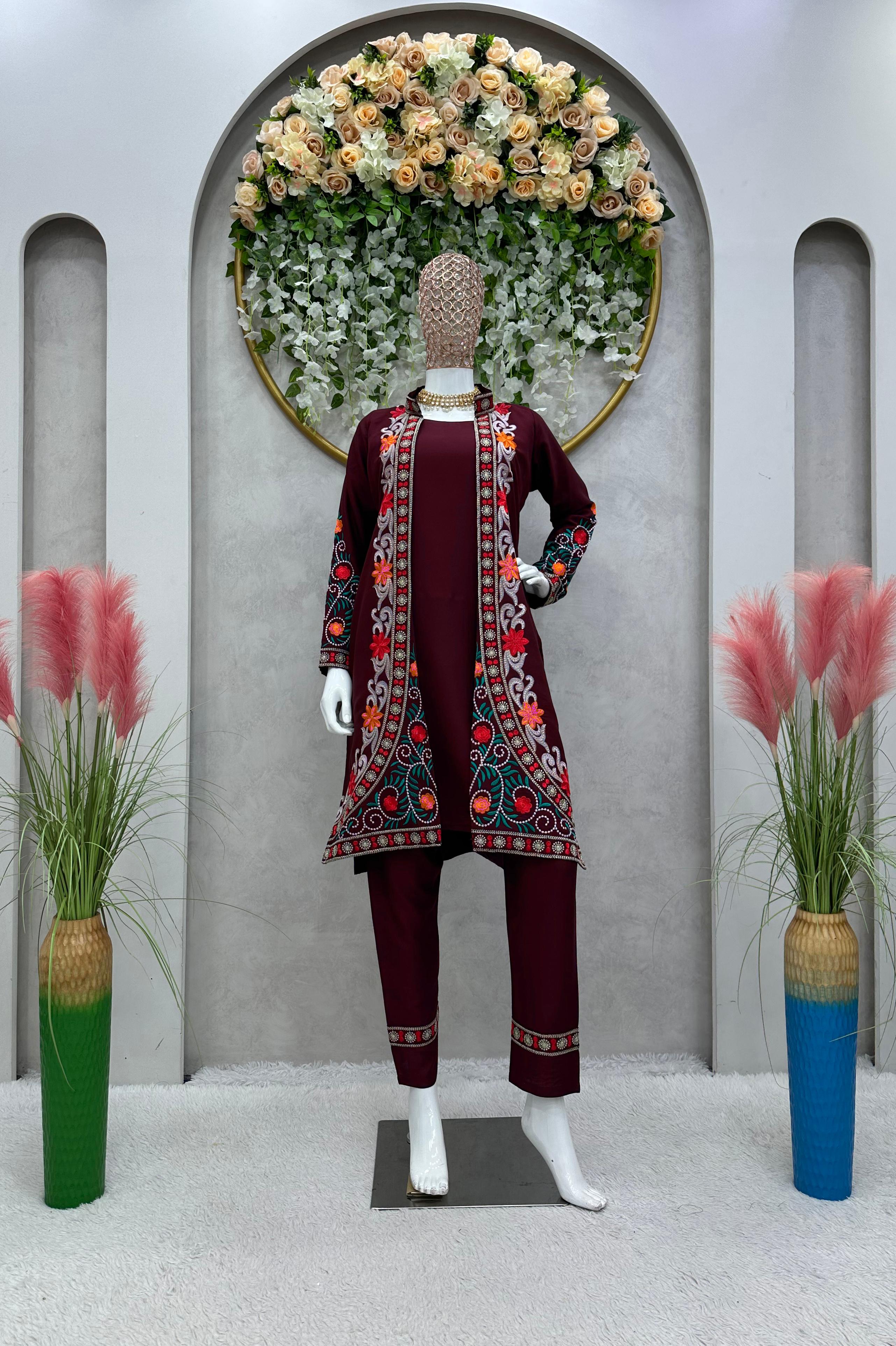 Fashionable Maroon Color Designer Suit With Shrug