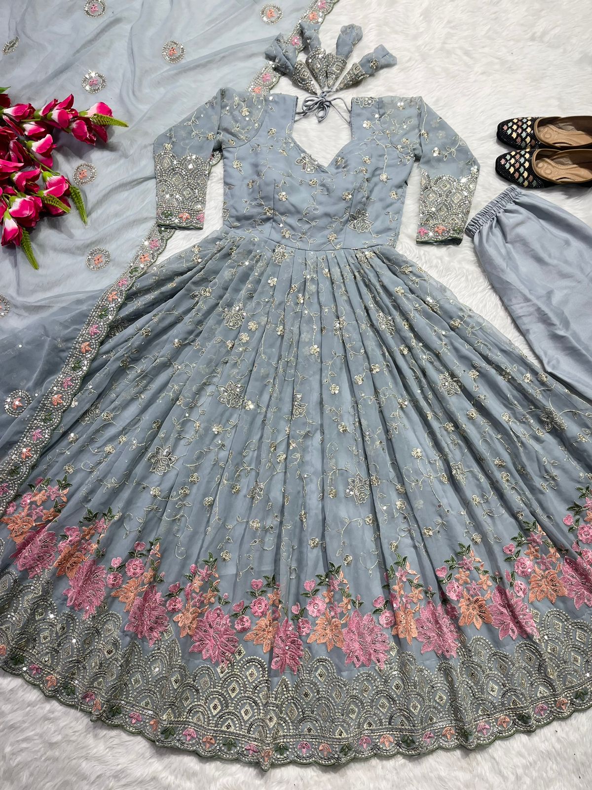 Charming Grey Color Embroidery Work Anarkali Suit