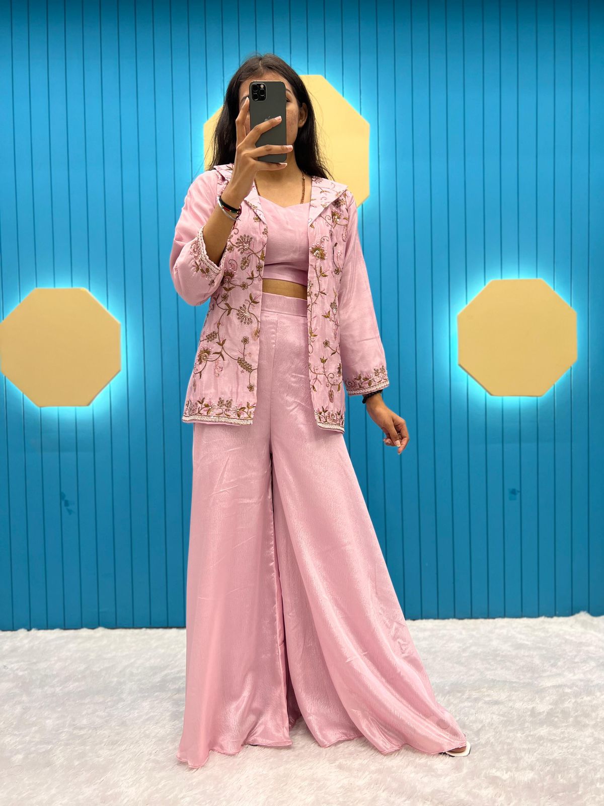 Designer Light Pink Color Crop Top Palazzo and Jacket Set