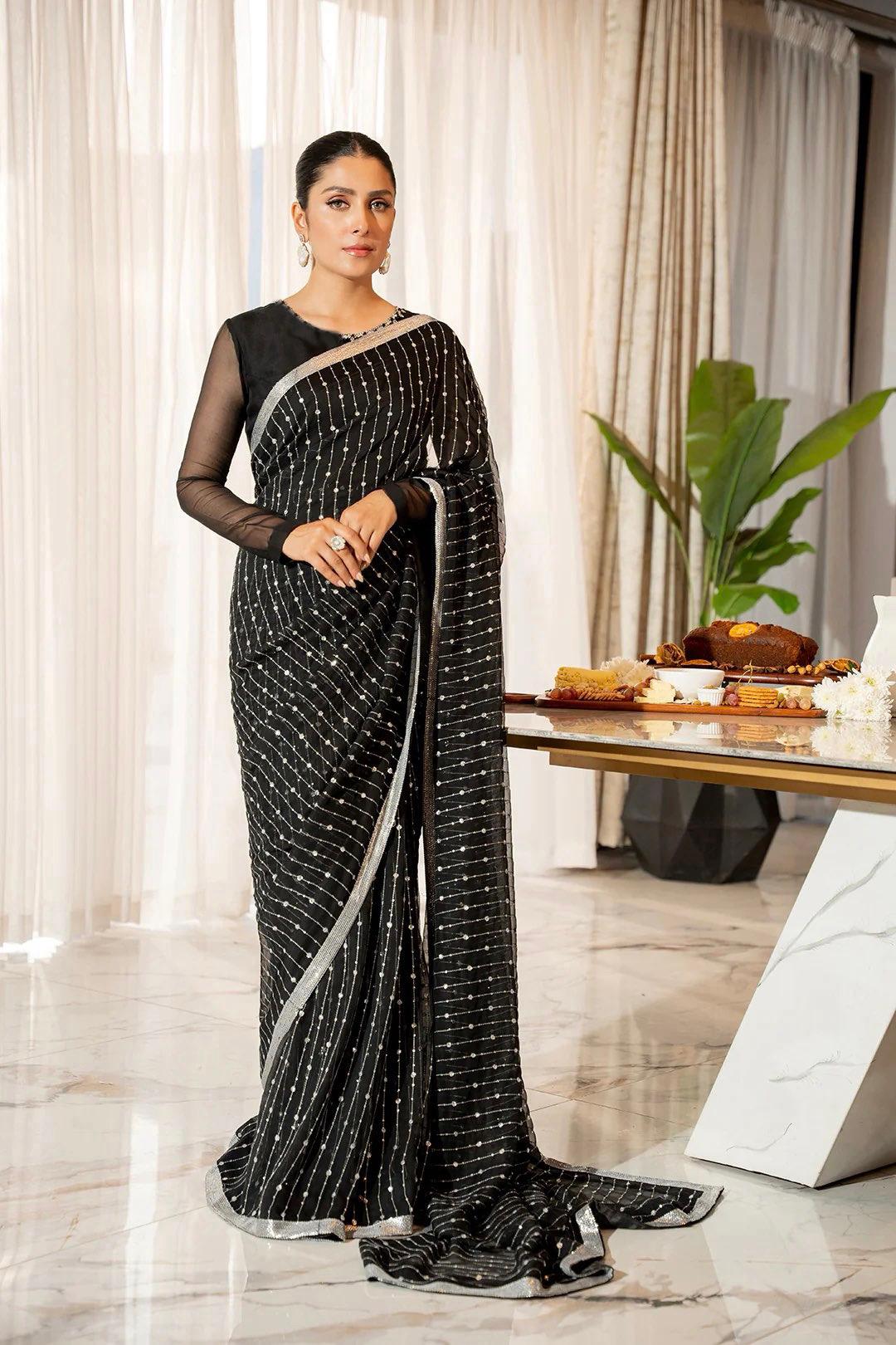 Admiring Black Color Sequence Work With Border Saree
