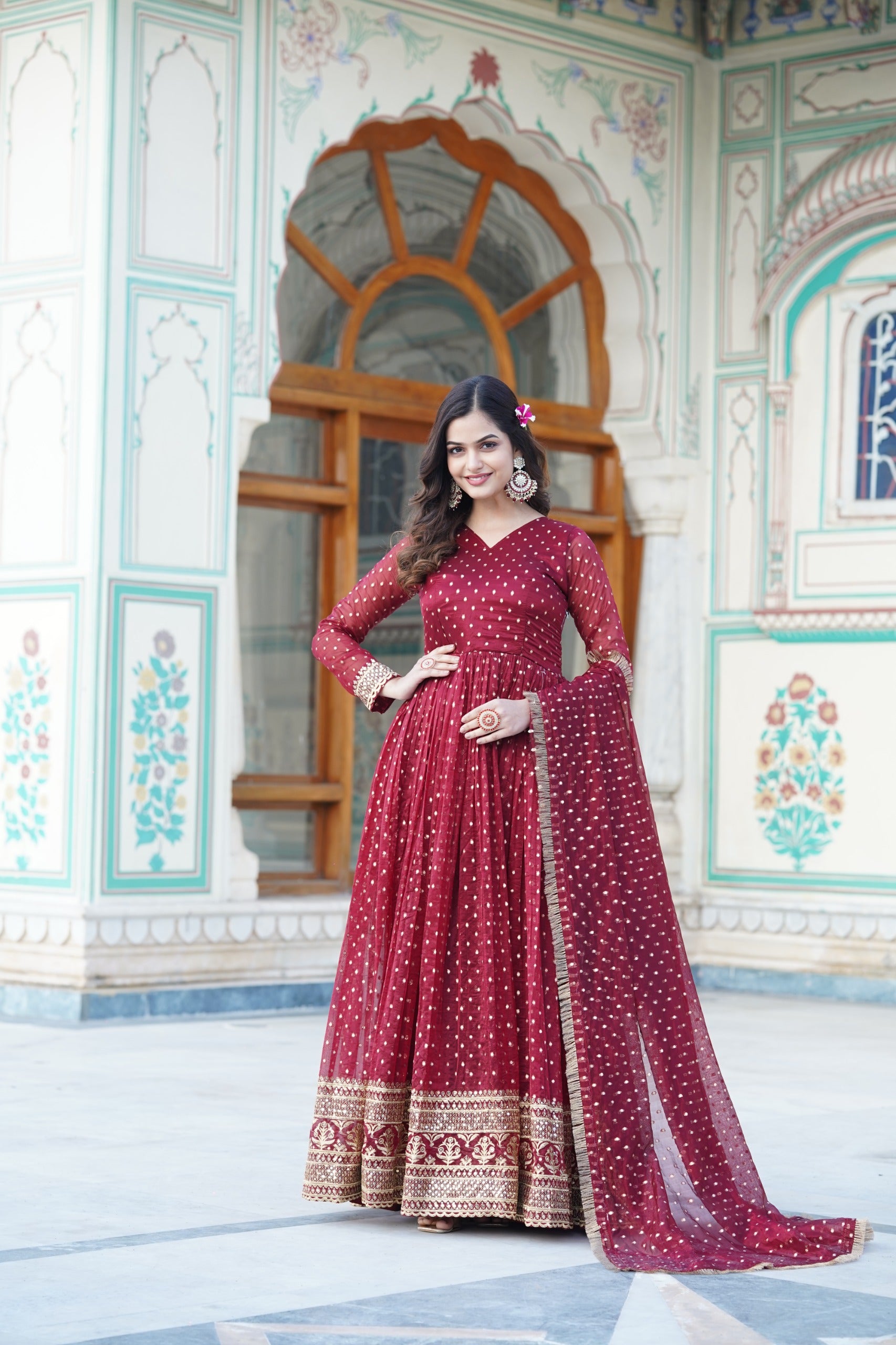 Innovative Maroon Color Embroidery Sequence Work Gown