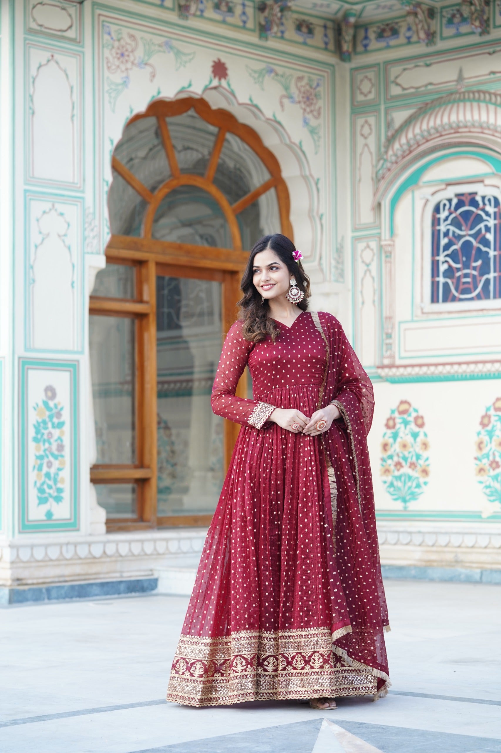 Innovative Maroon Color Embroidery Sequence Work Gown