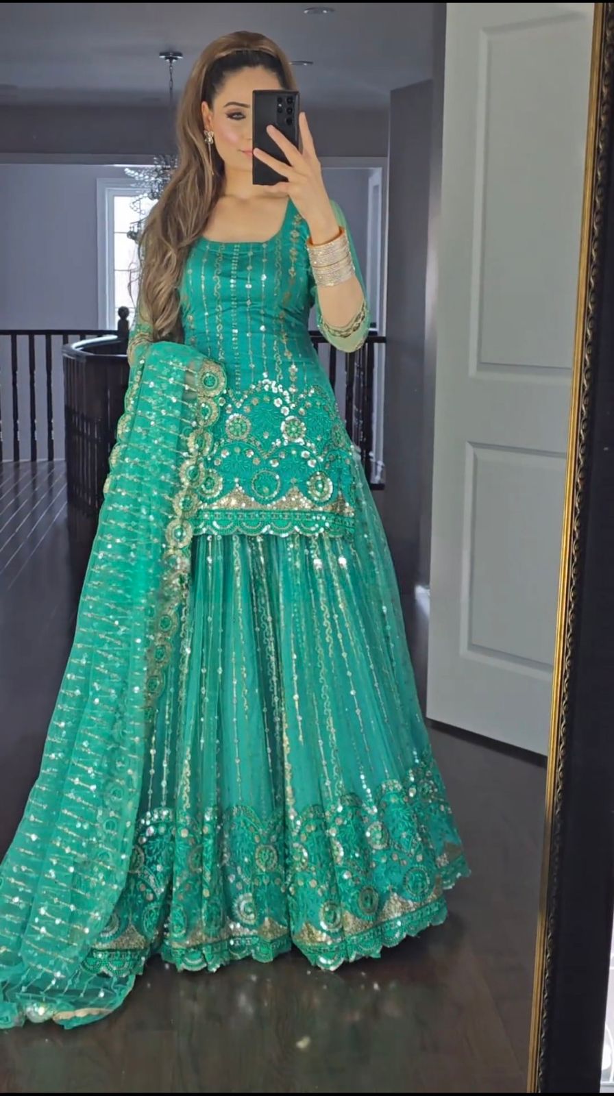 Dazzling Aqua Green Sequence Multi Work Lehenga Suit