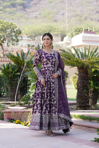 Awesome Wine Color Embroidered Work Jacquard Gown