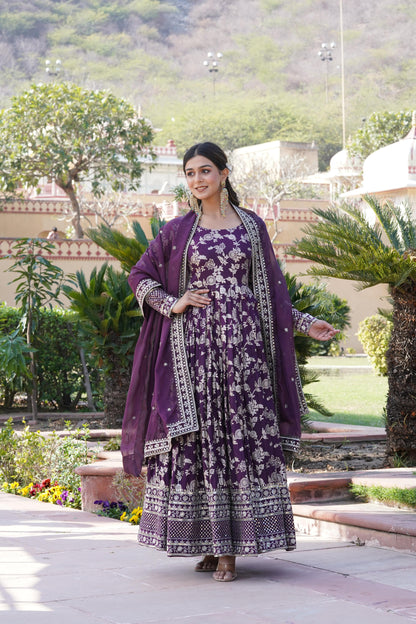 Awesome Wine Color Embroidered Work Jacquard Gown