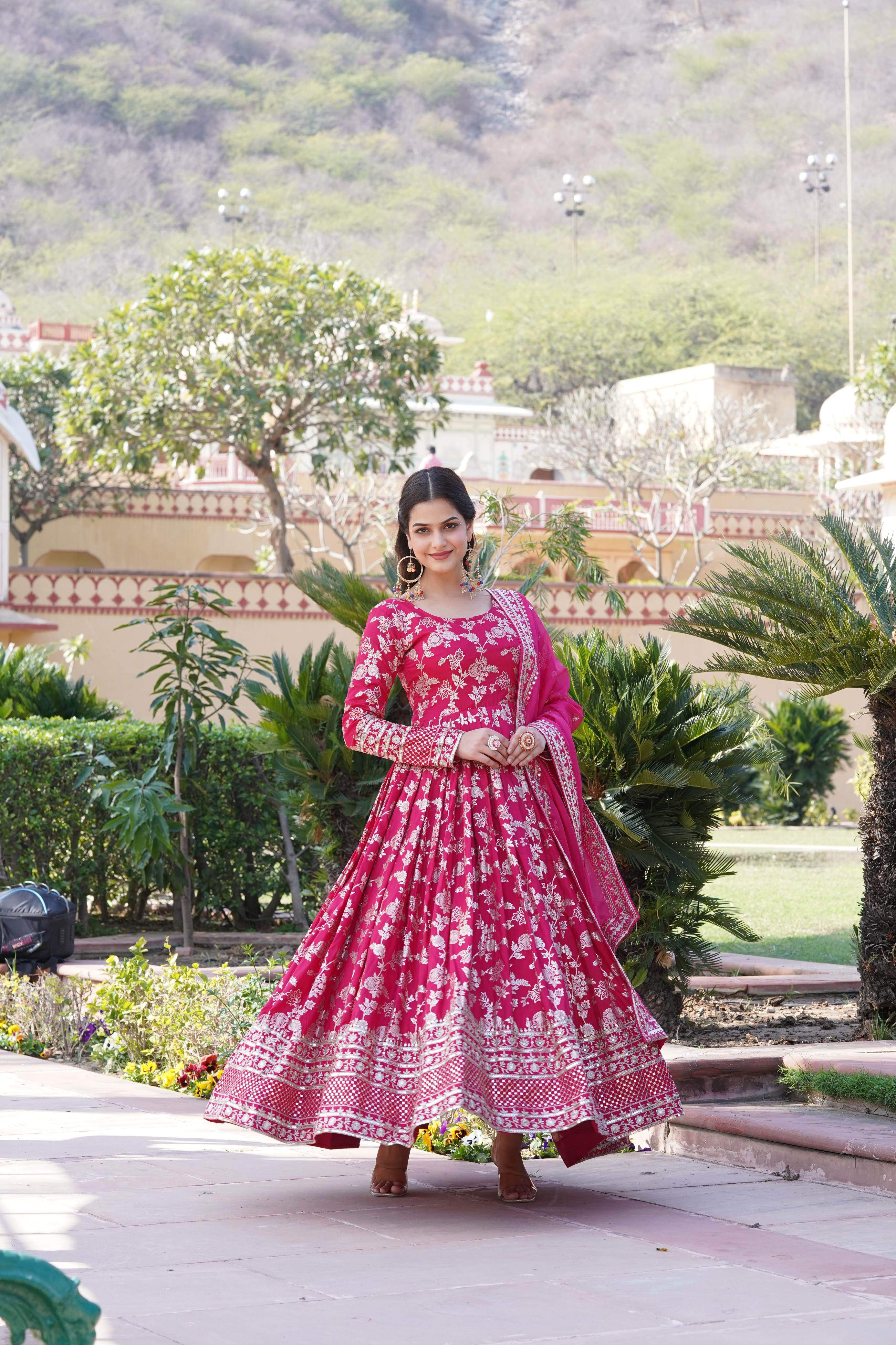 Awesome Pink Color Embroidered Work Jacquard Gown