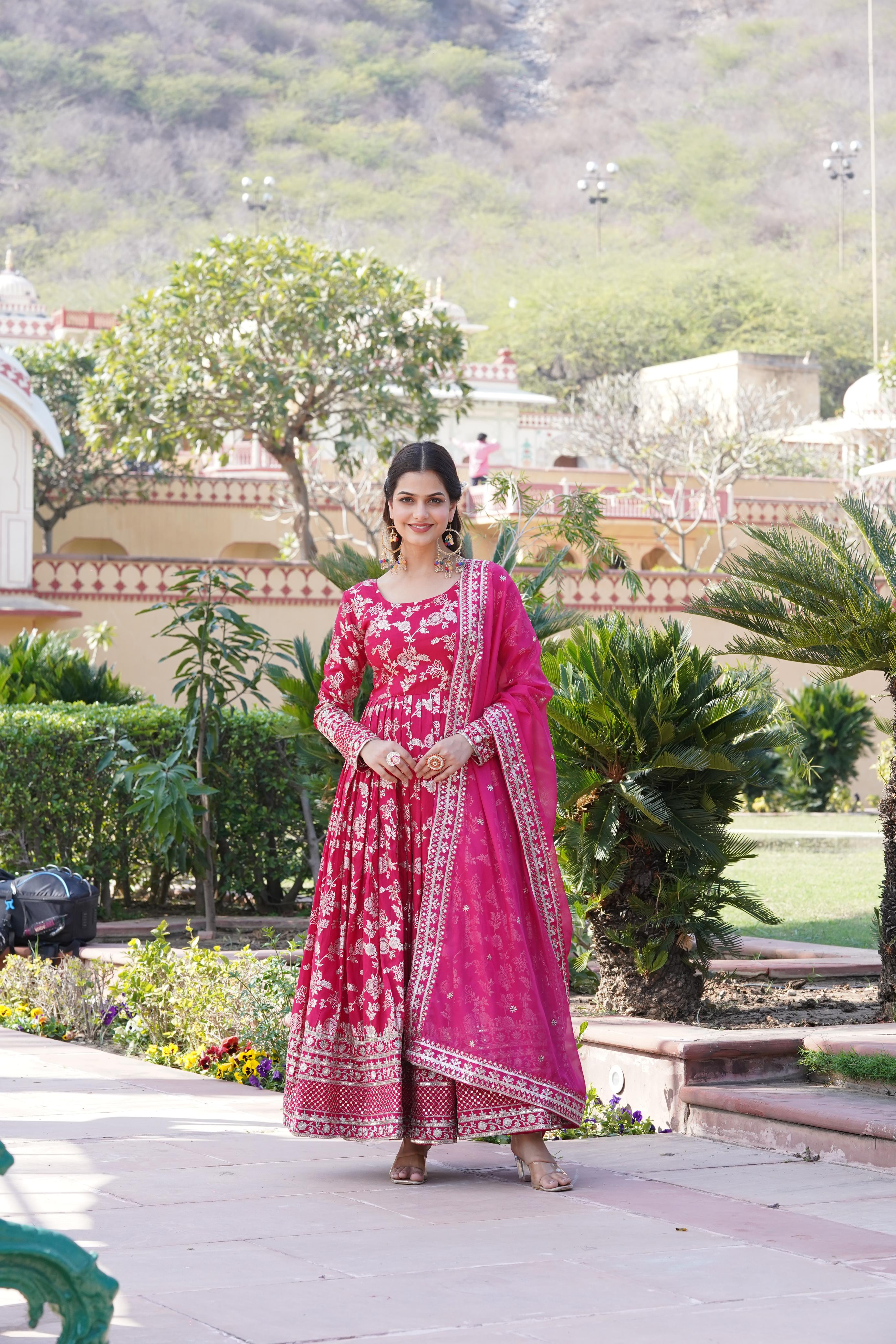 Awesome Pink Color Embroidered Work Jacquard Gown