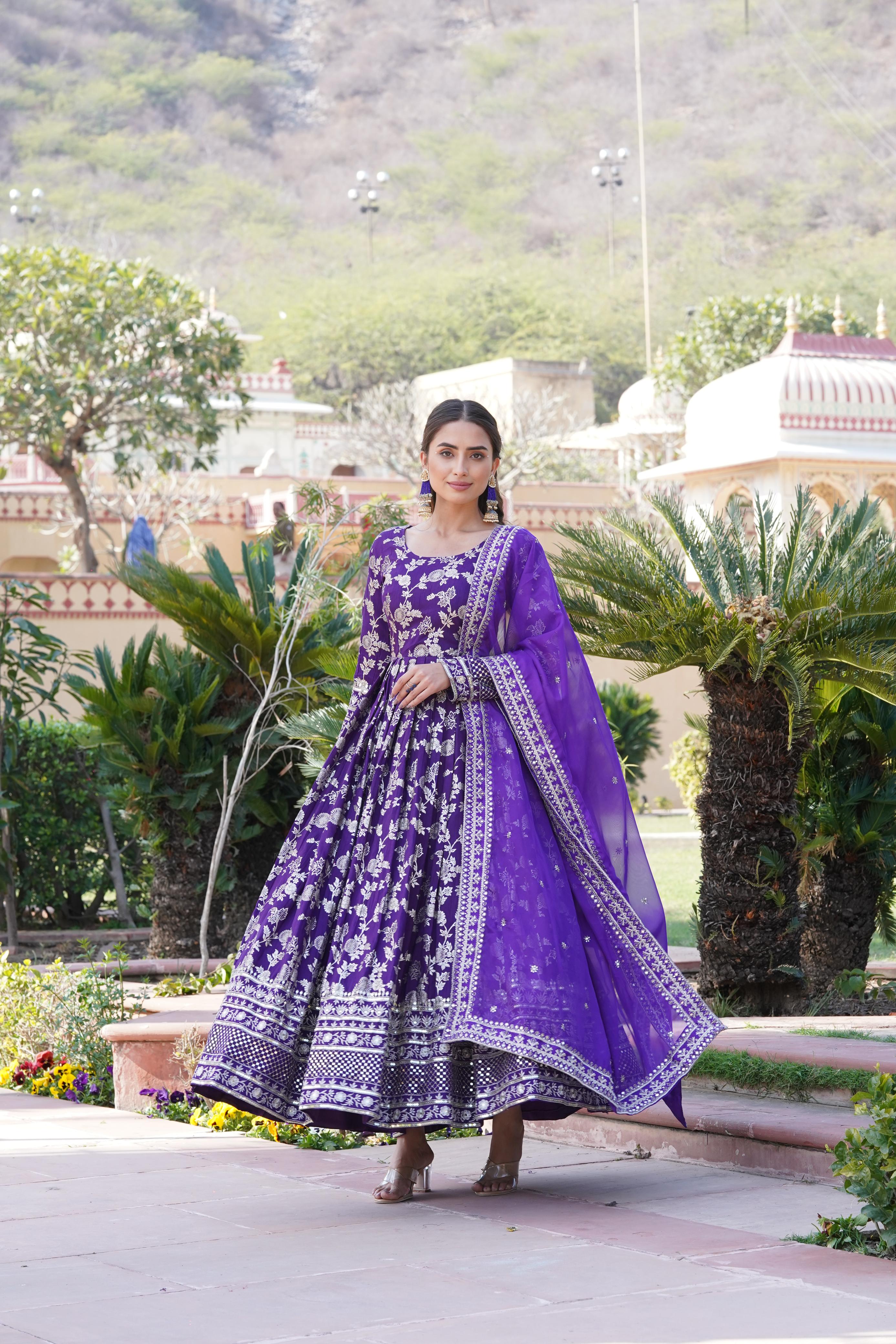 Awesome Purple Color Embroidered Work Jacquard Gown