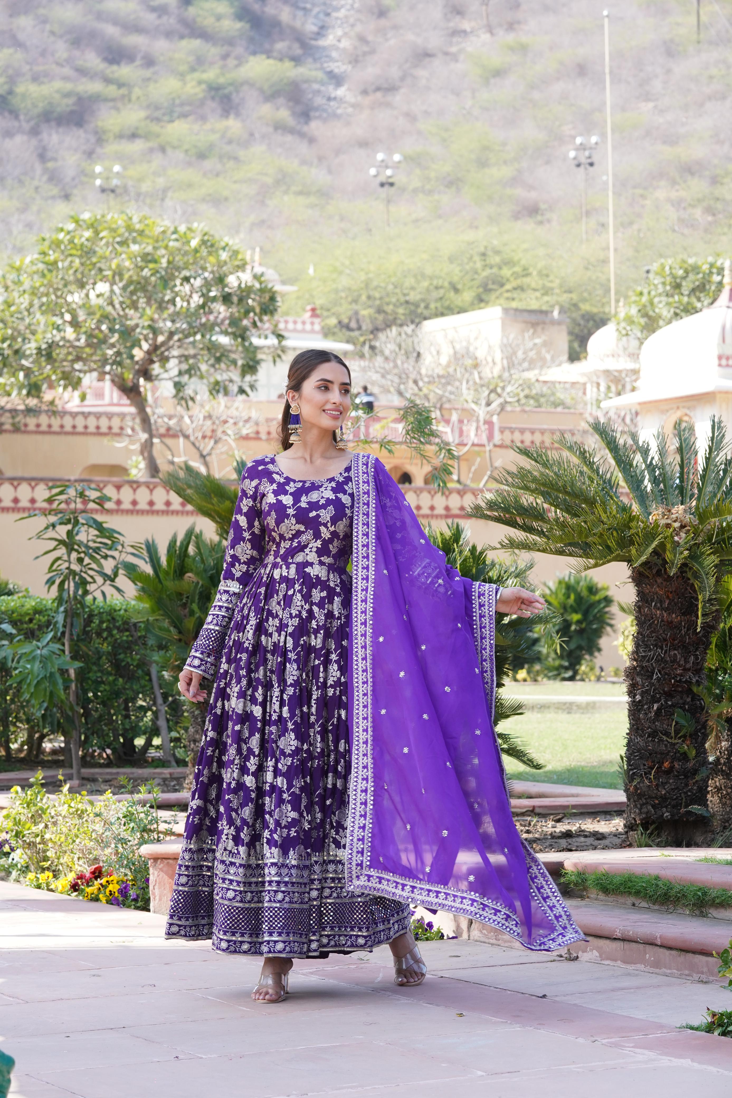 Awesome Purple Color Embroidered Work Jacquard Gown