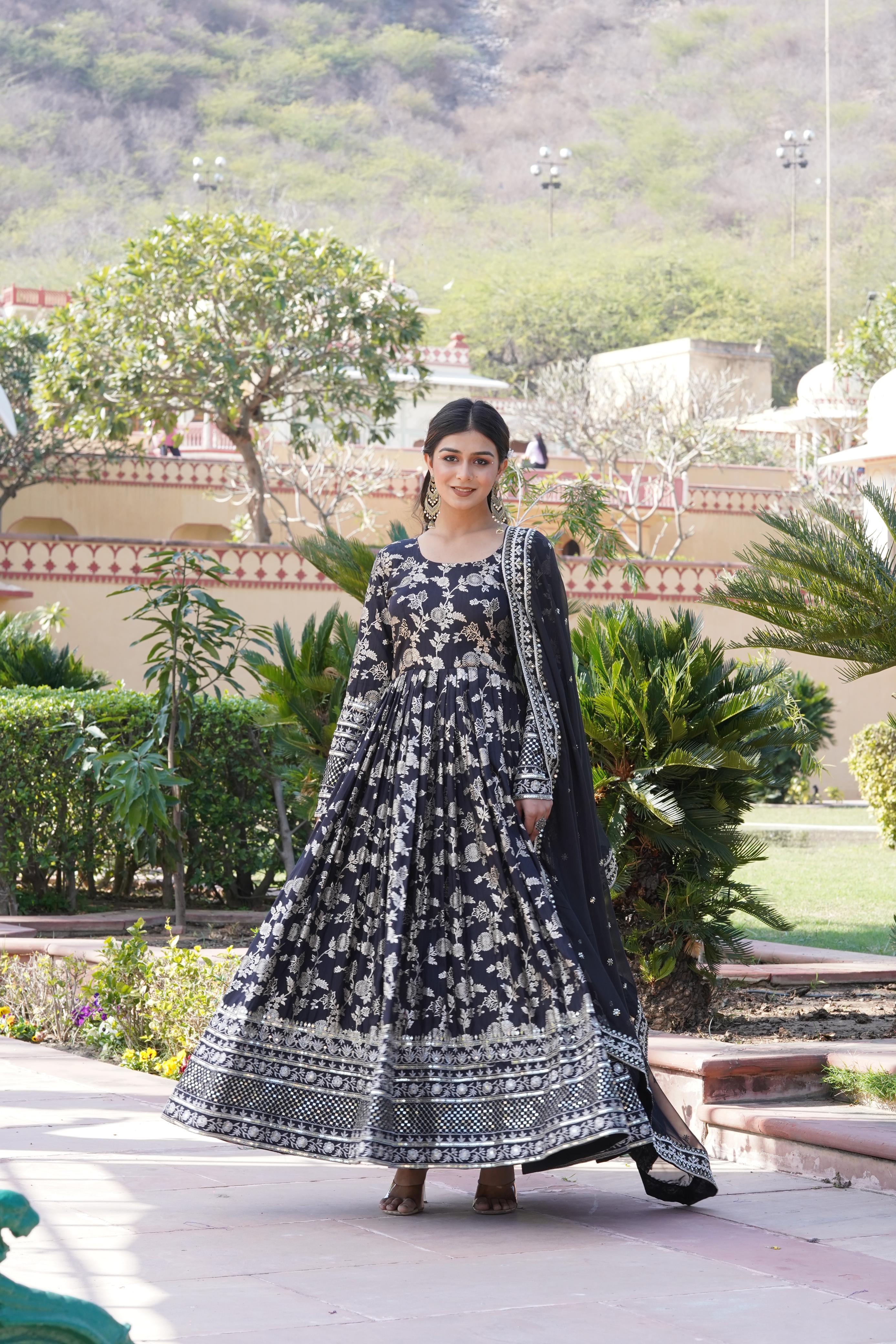 Awesome Black Color Embroidered Work Jacquard Gown