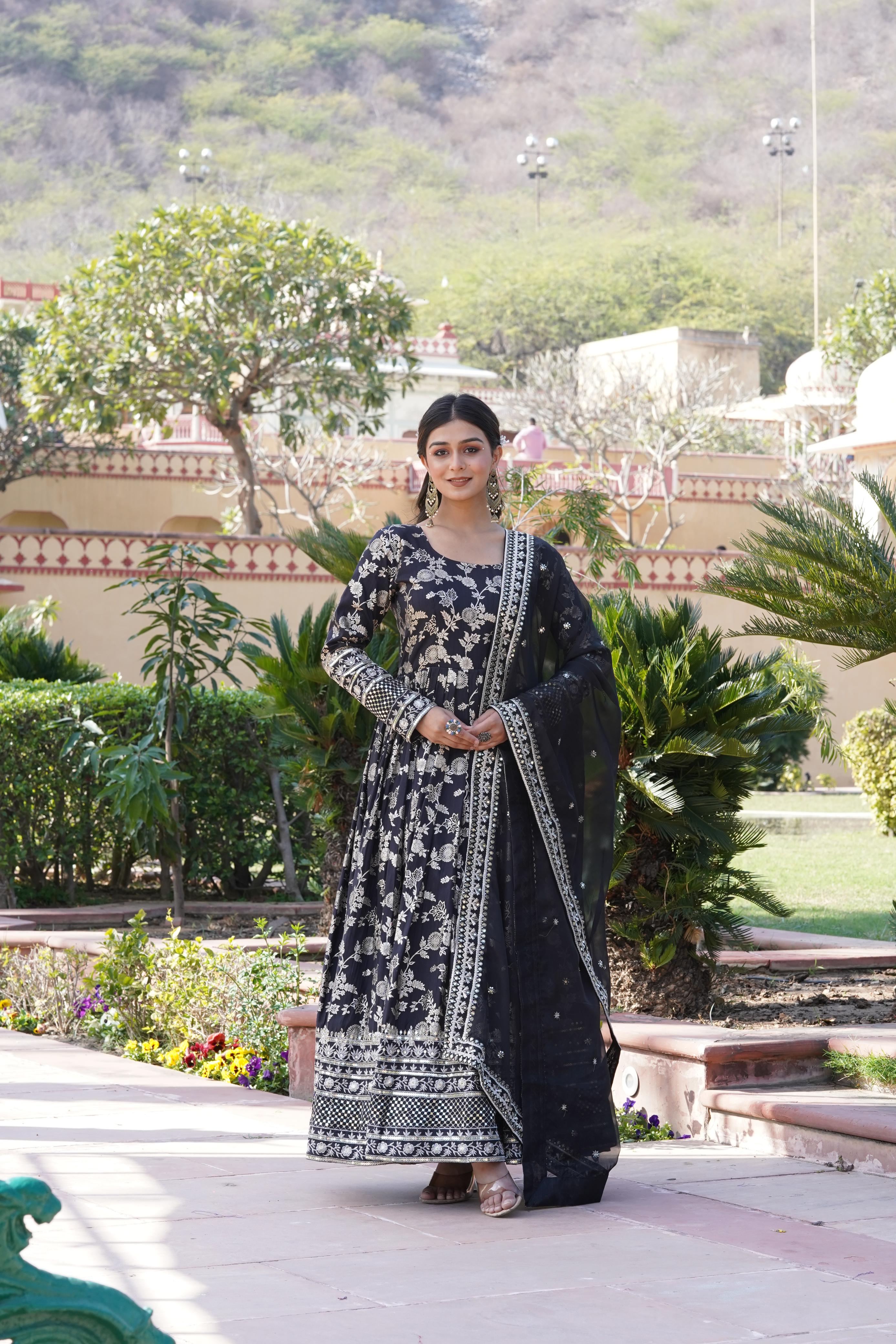 Awesome Black Color Embroidered Work Jacquard Gown