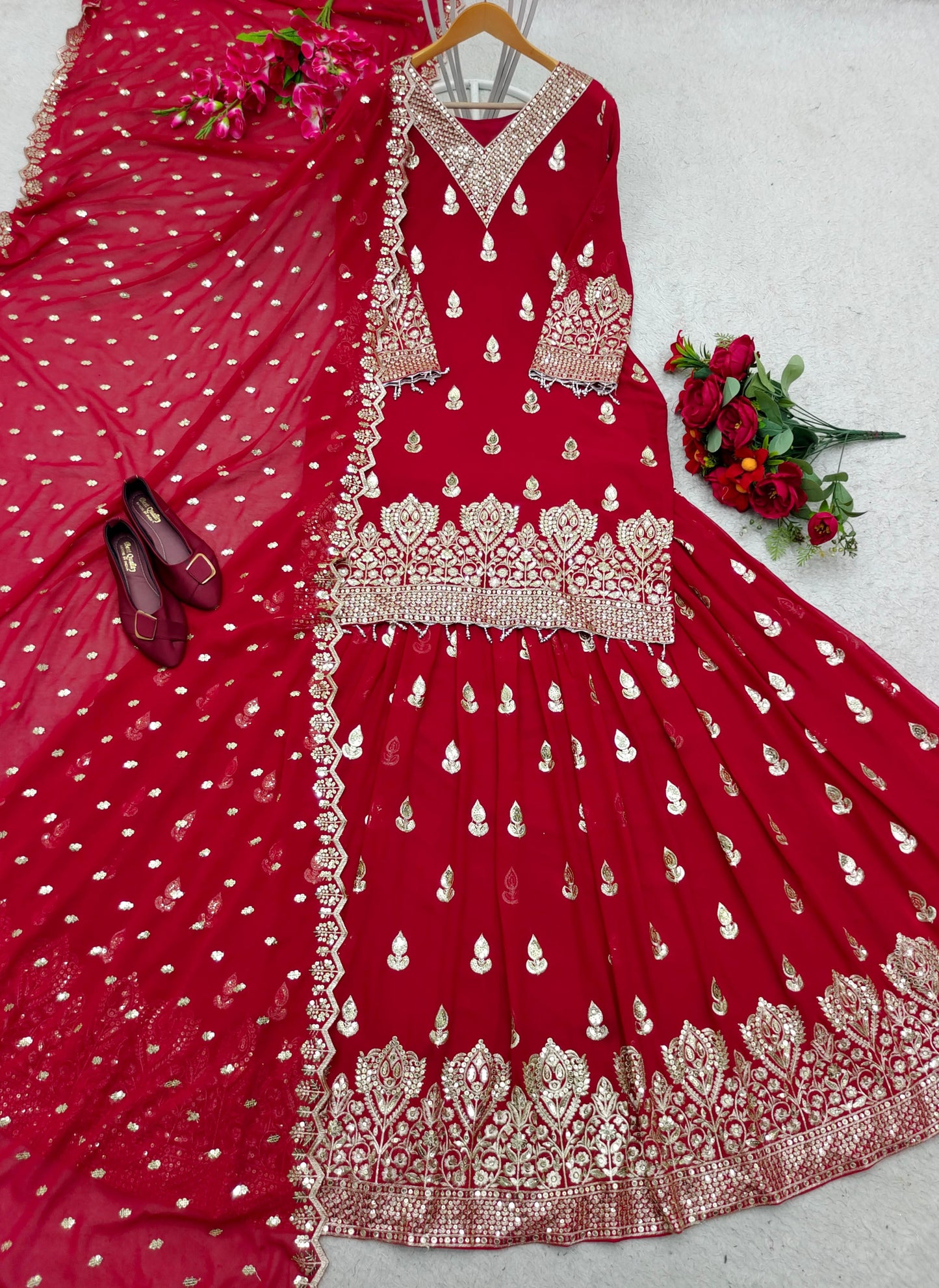 Function Wear Embroidery Work Red Color Lehenga With Top