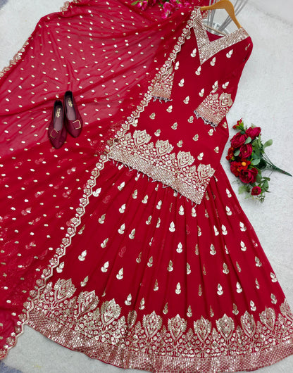 Function Wear Embroidery Work Red Color Lehenga With Top