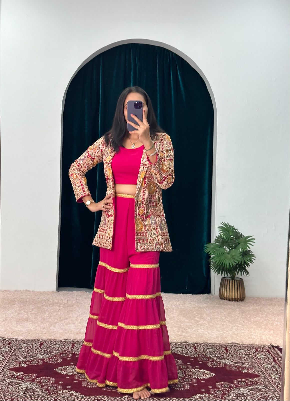 Latest Pink Color Crop Top Sharara With Work Jacket Set