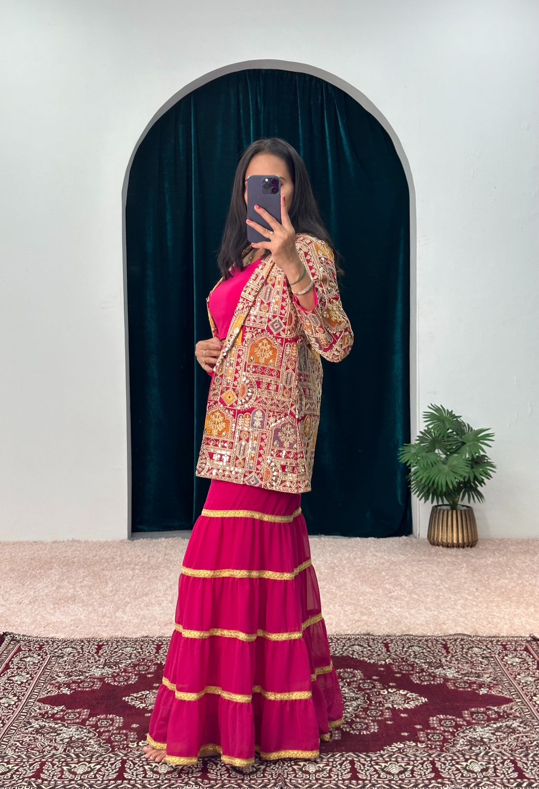 Latest Pink Color Crop Top Sharara With Work Jacket Set