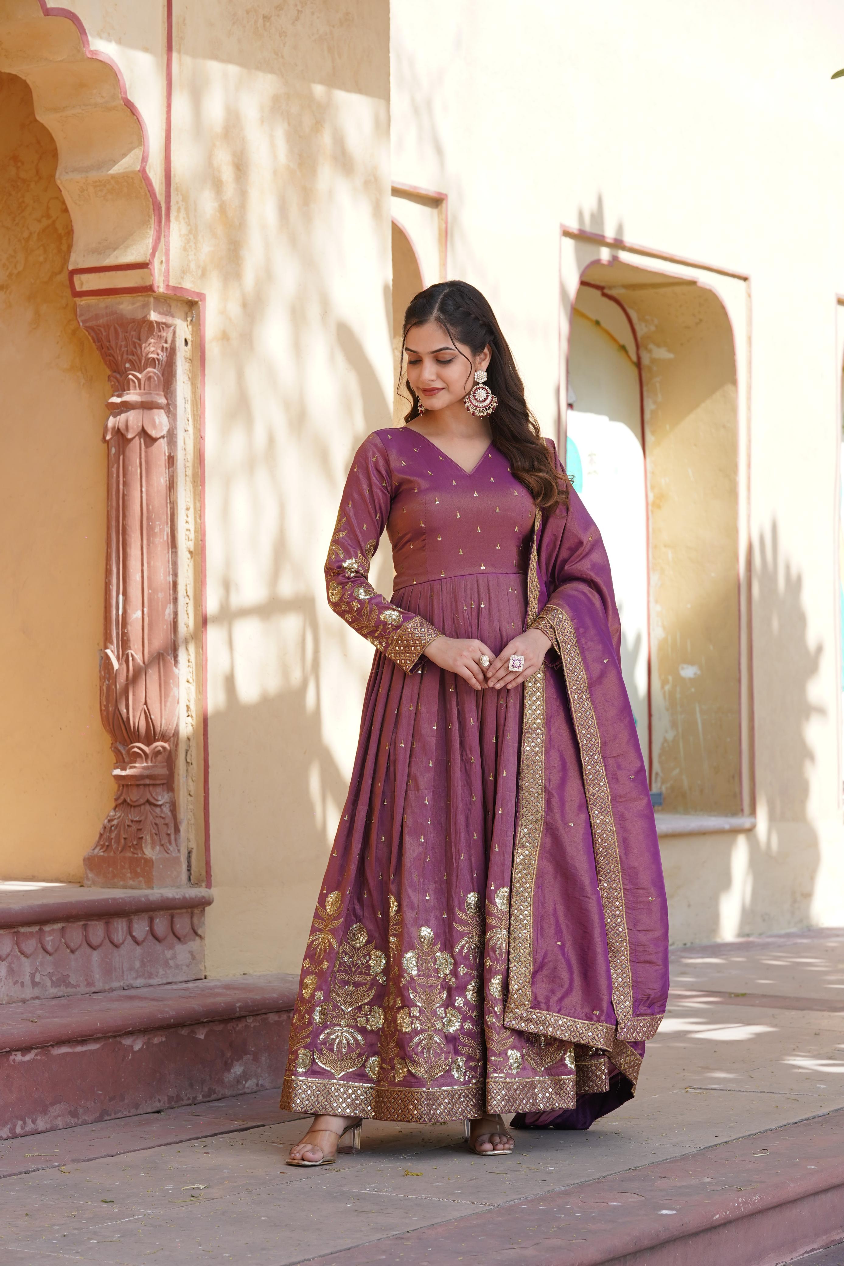 Mesmerizing Dusty Pink Color Embroidery Work Gown