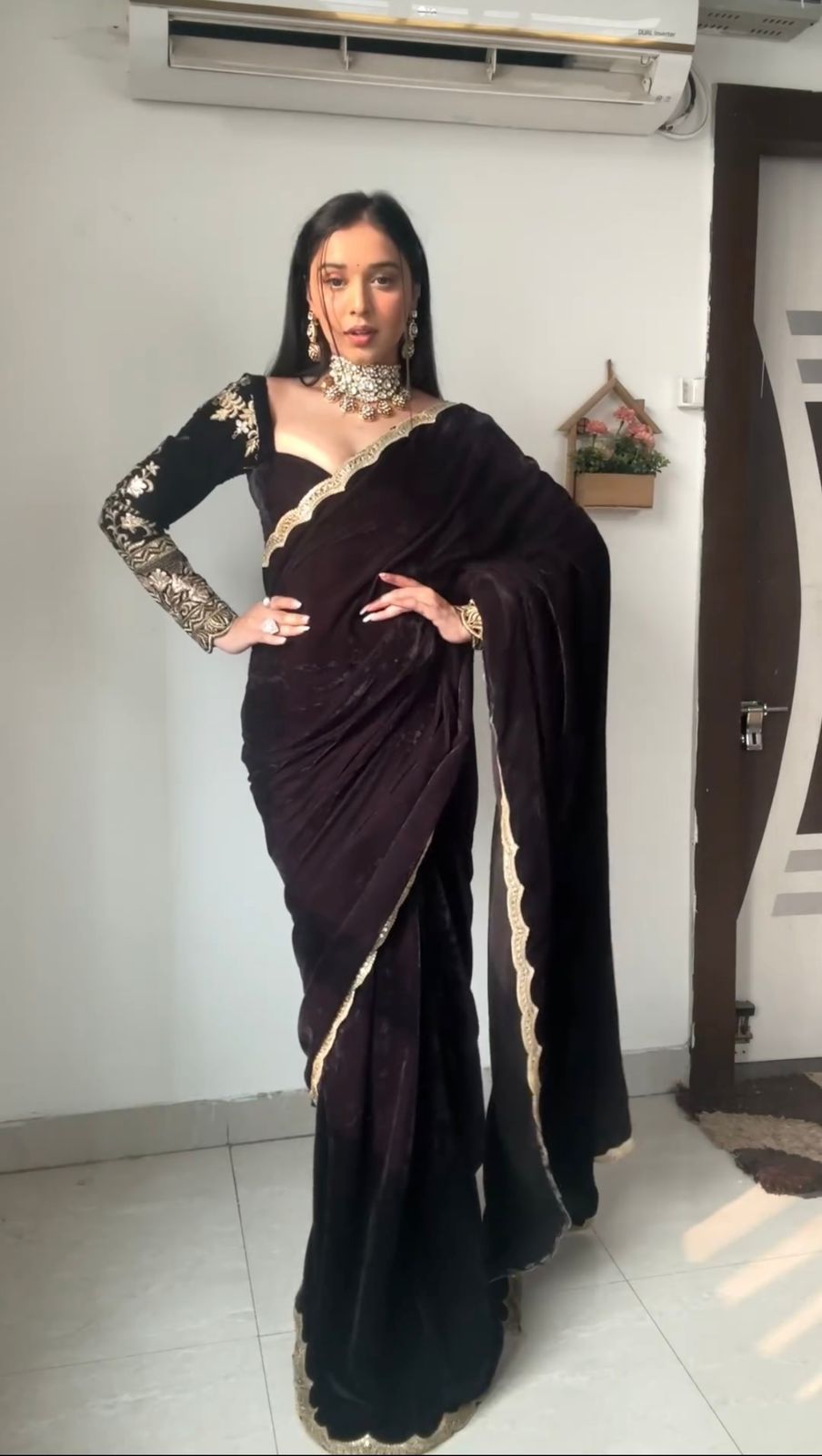 Stylish Lace Border Black Color Velvet Ready To Wear Saree