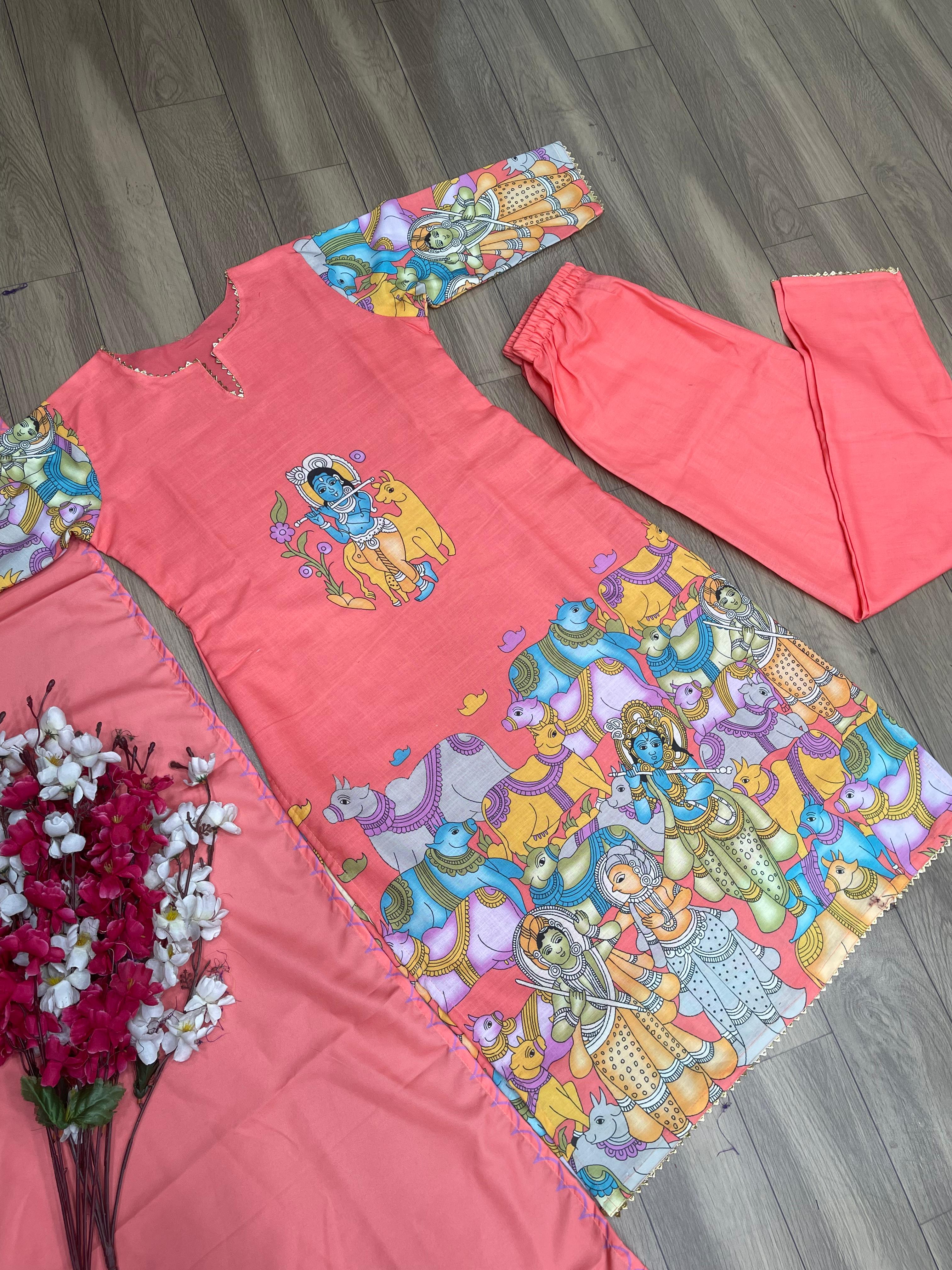 Traditional Wear Peach Color Kalamkari Print Kurti Set