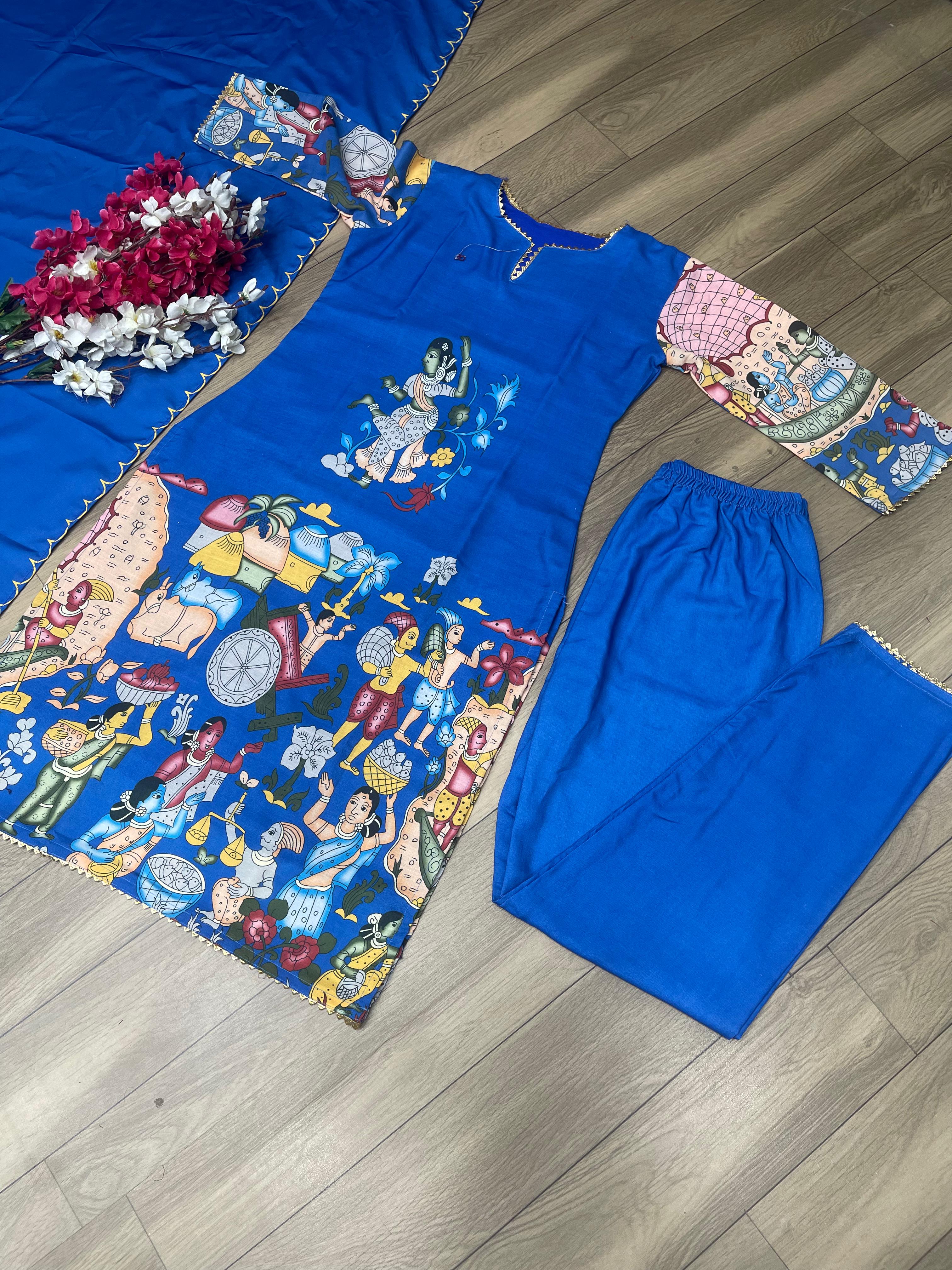 Traditional Wear Blue Color Kalamkari Print Kurti Set