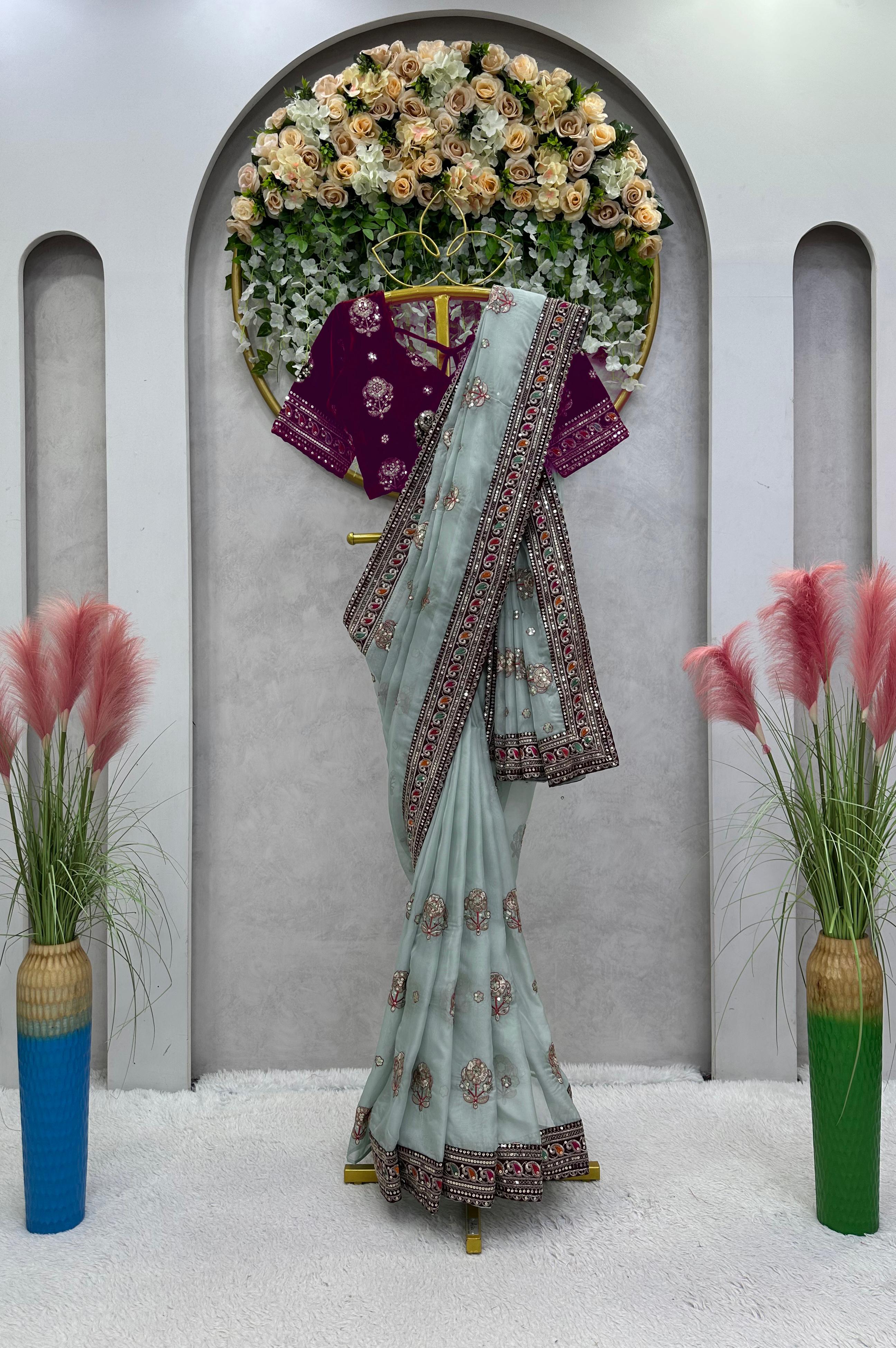 Organza Silk Sky Blue Heavy Work Saree With Velvet Blouse