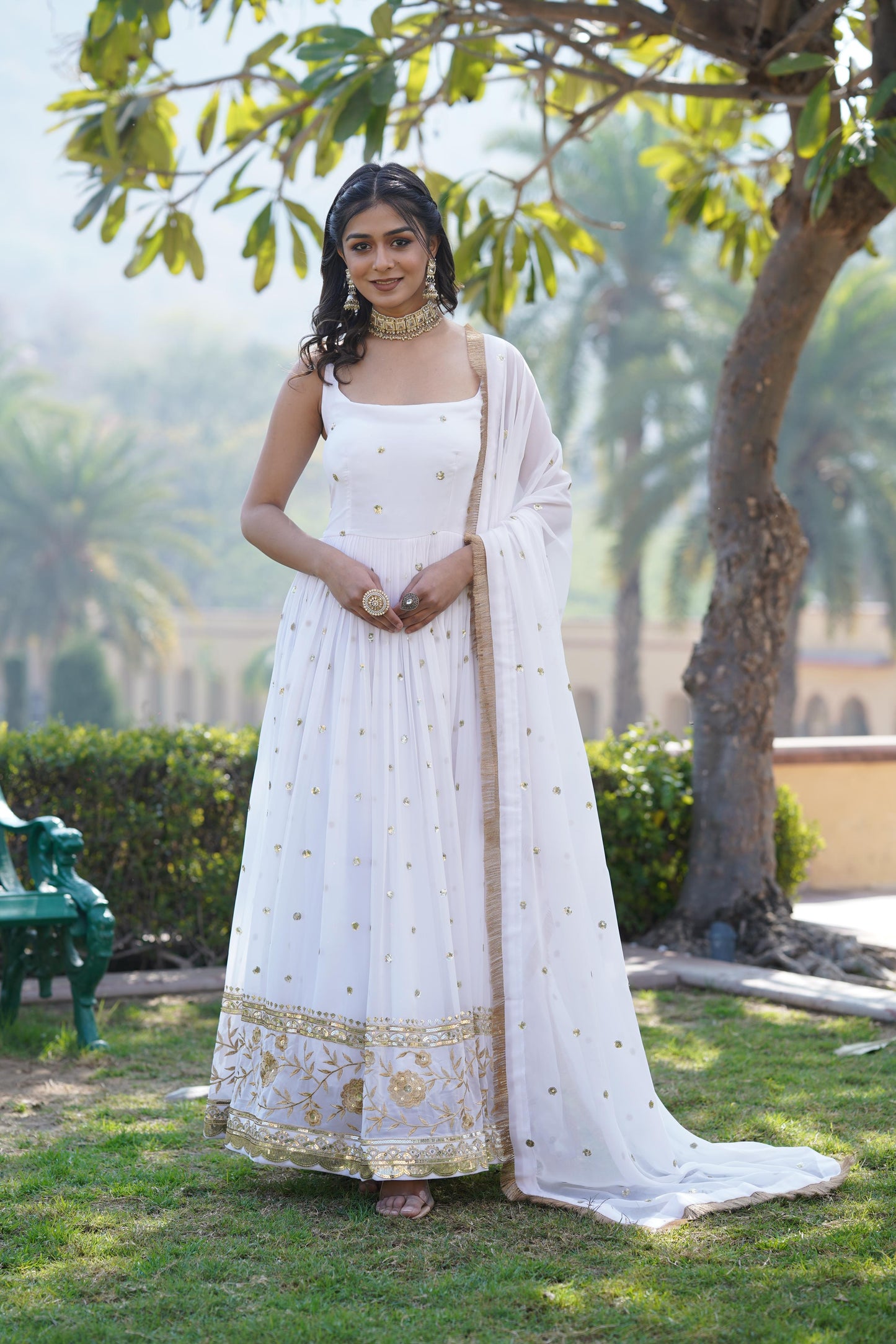 Party Wear Embroidered Work White Color Gown