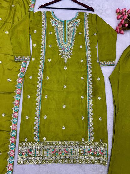 Festive Wear Mehendi Sequence Work Kurti Set