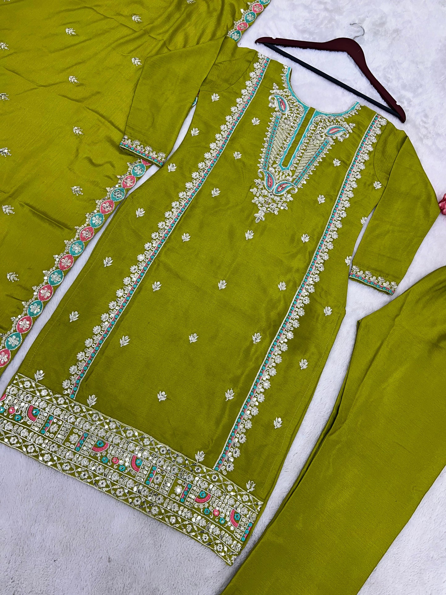 Festive Wear Mehendi Sequence Work Kurti Set