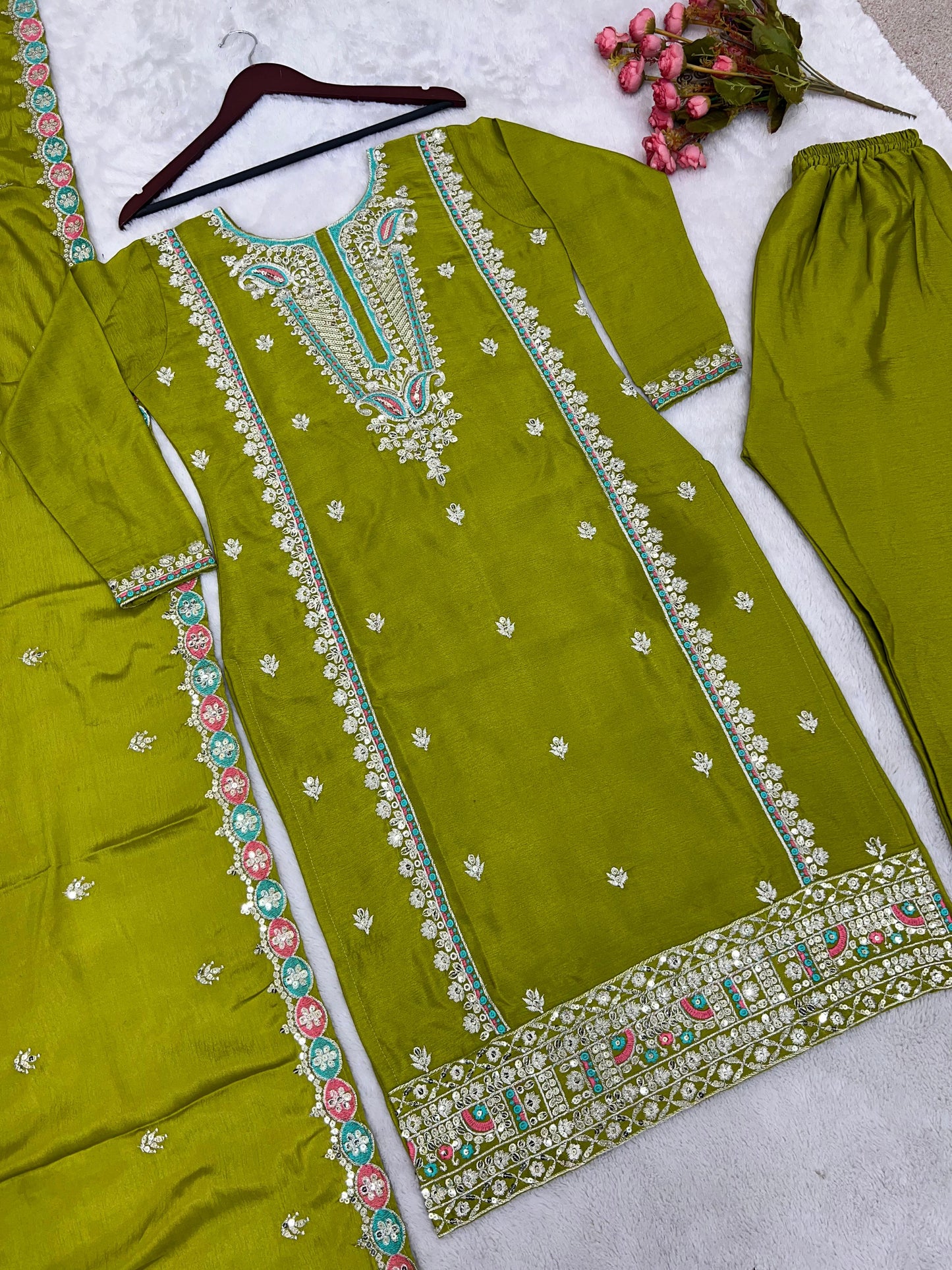 Festive Wear Mehendi Sequence Work Kurti Set