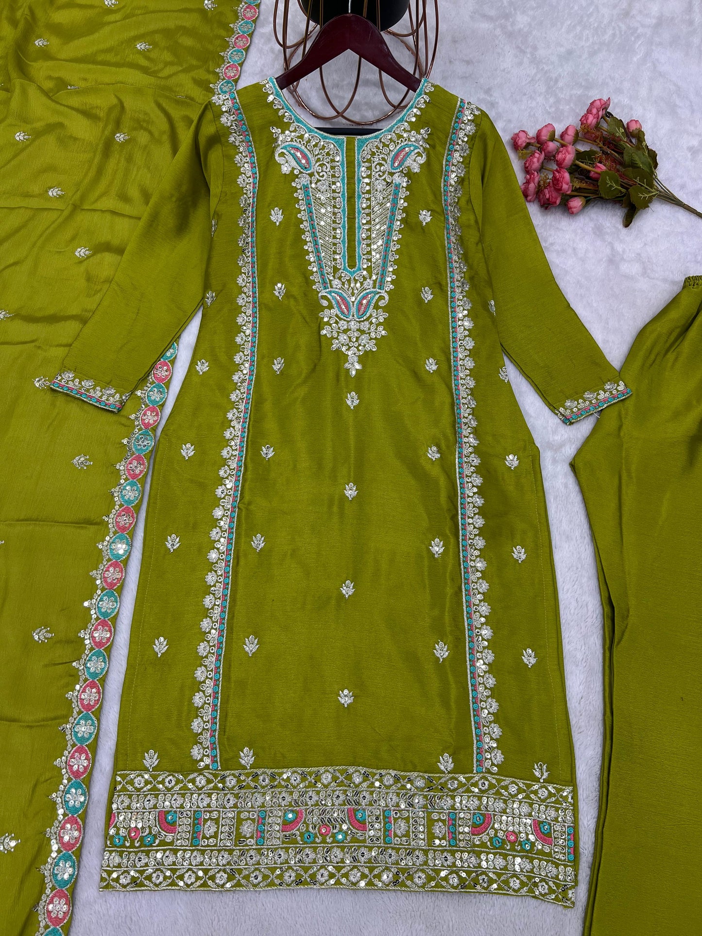 Festive Wear Mehendi Sequence Work Kurti Set