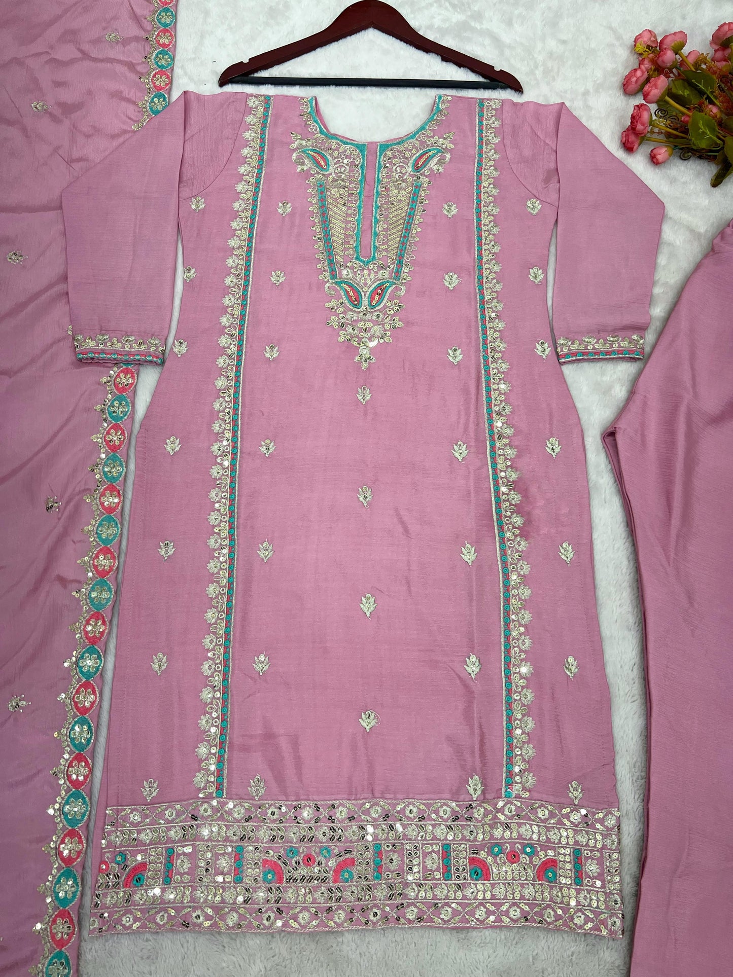 Festive Wear Pink Sequence Work Kurti Set