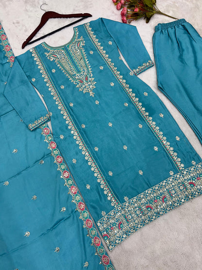 Festive Wear Sky Blue Sequence Work Kurti Set