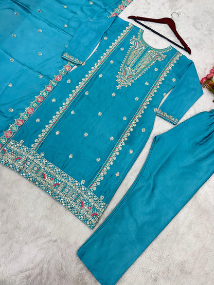 Festive Wear Sky Blue Sequence Work Kurti Set