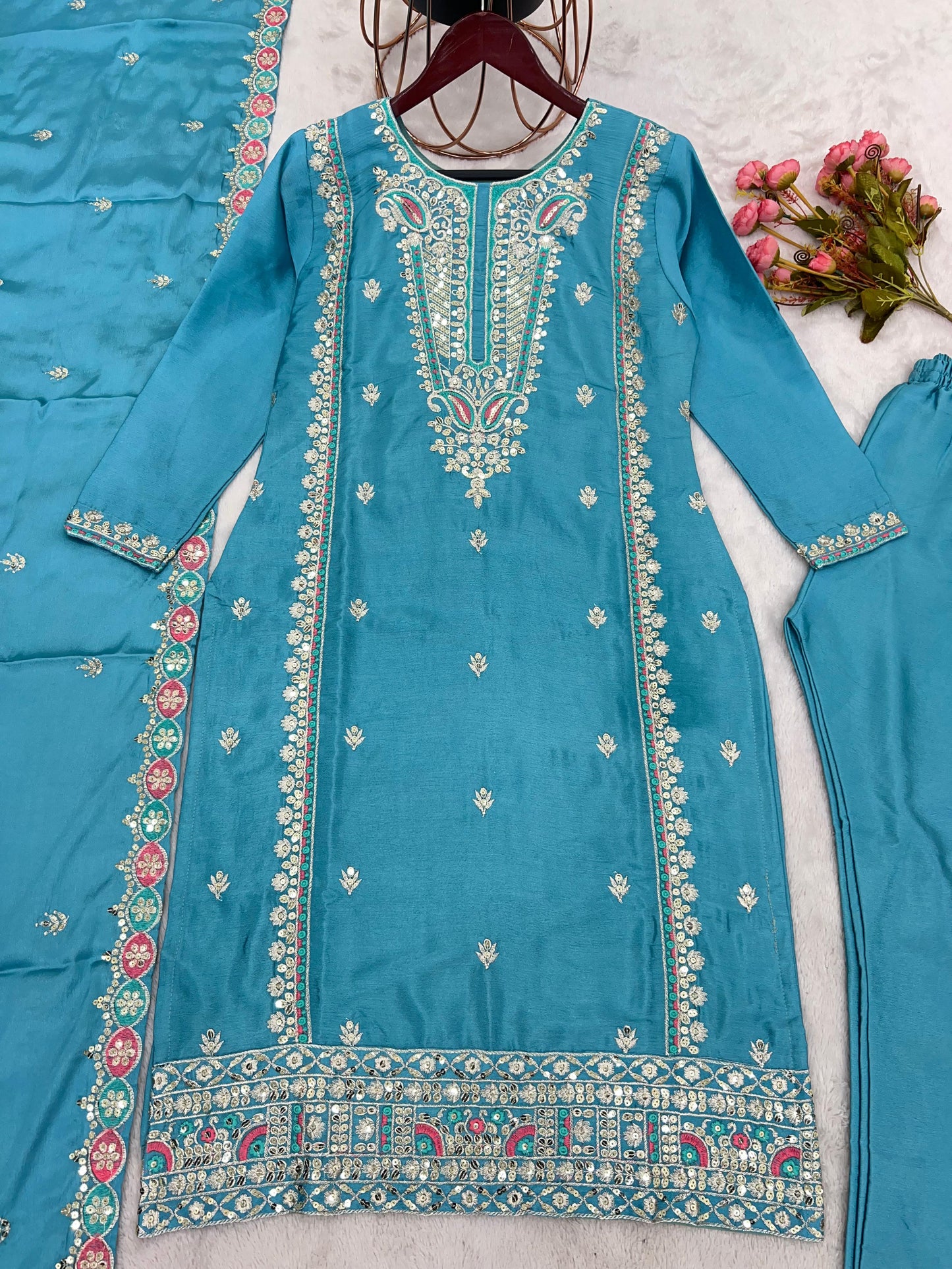 Festive Wear Sky Blue Sequence Work Kurti Set