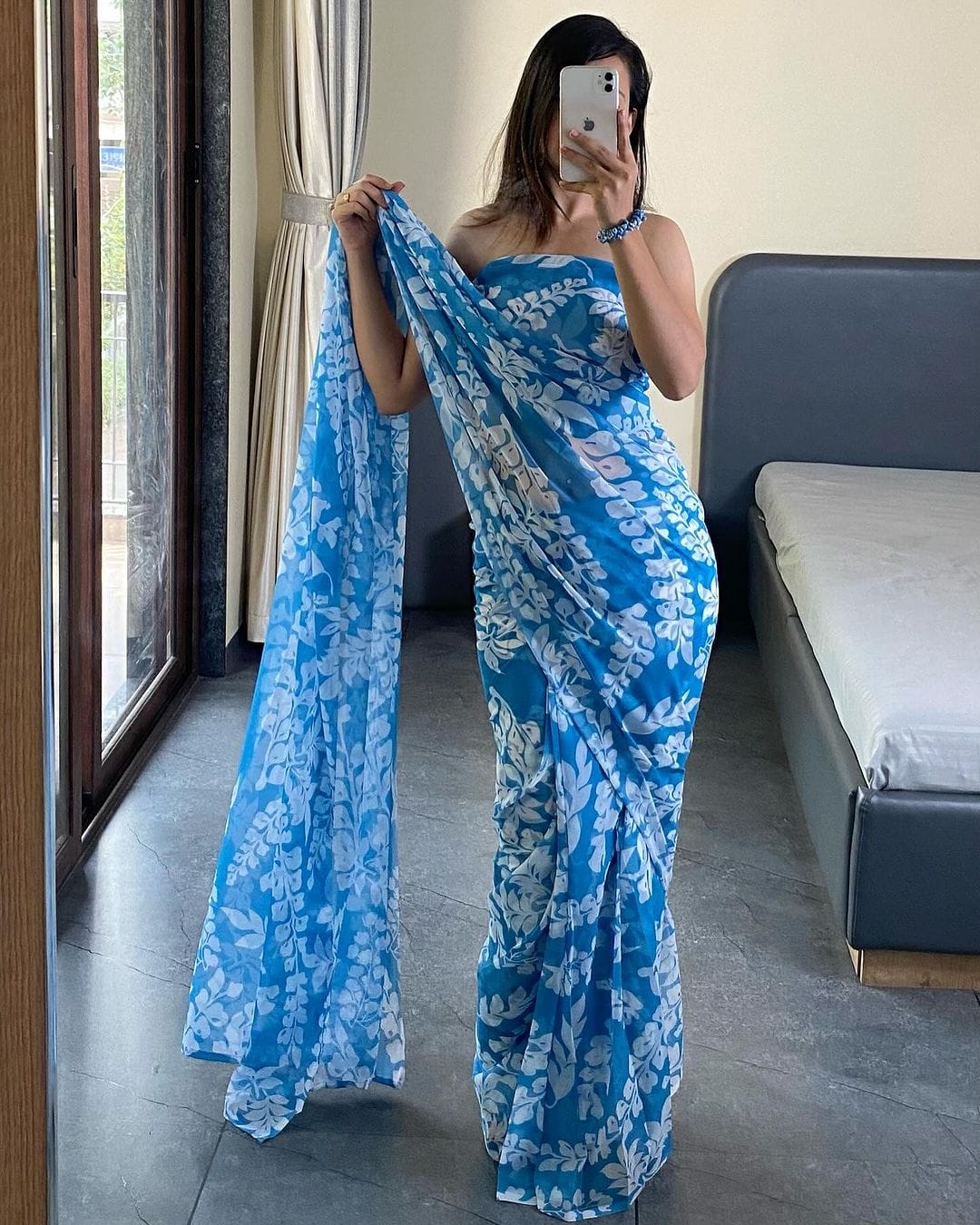 Blue And White Printed Georgette Ready To Wear Saree