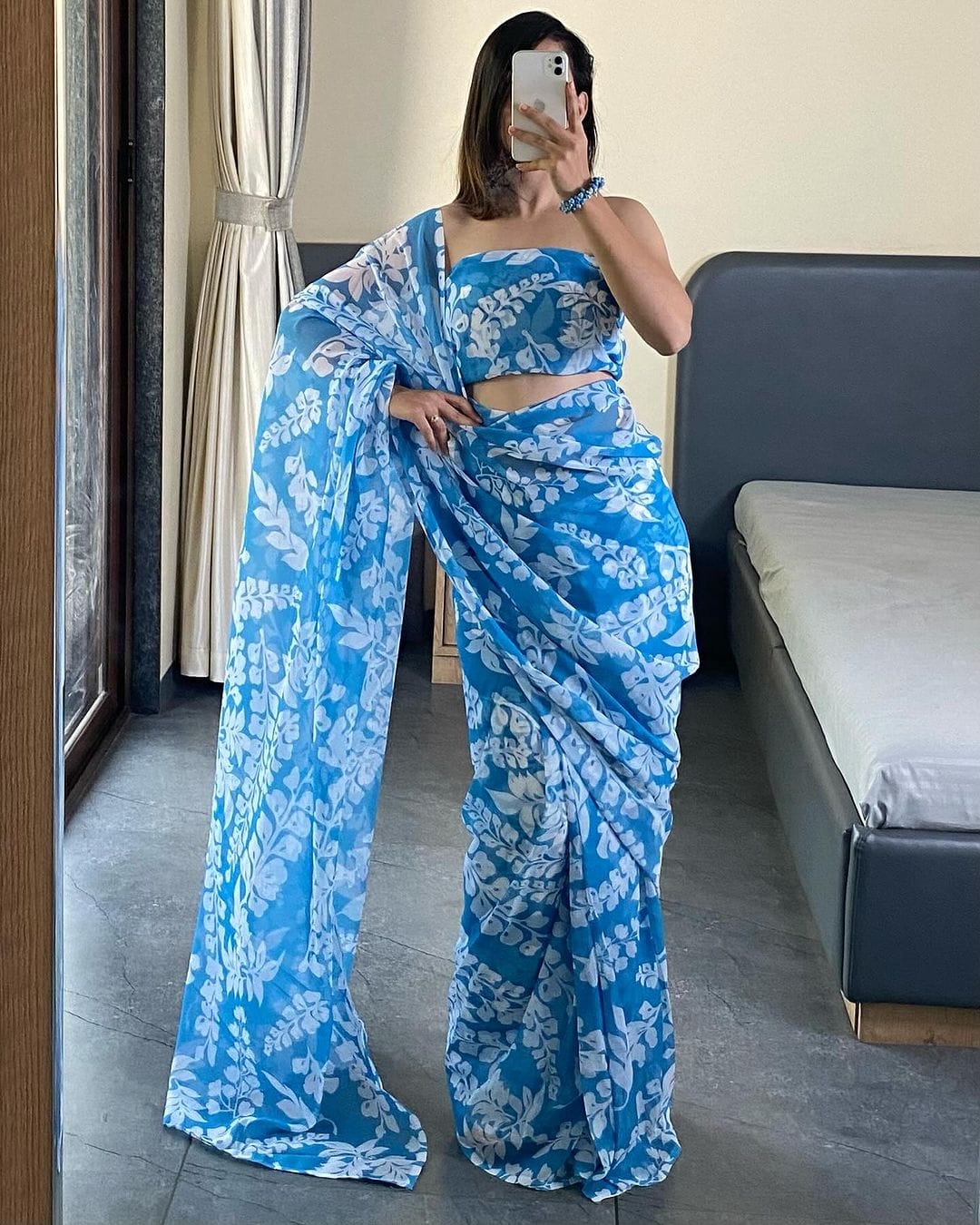 Blue And White Printed Georgette Ready To Wear Saree