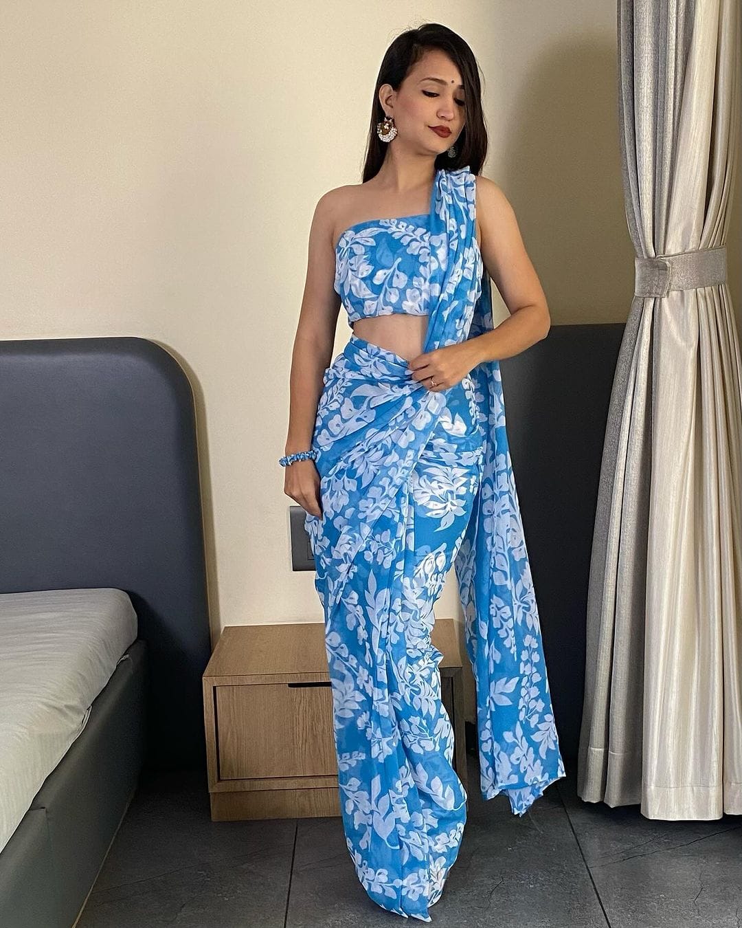 Blue And White Printed Georgette Ready To Wear Saree