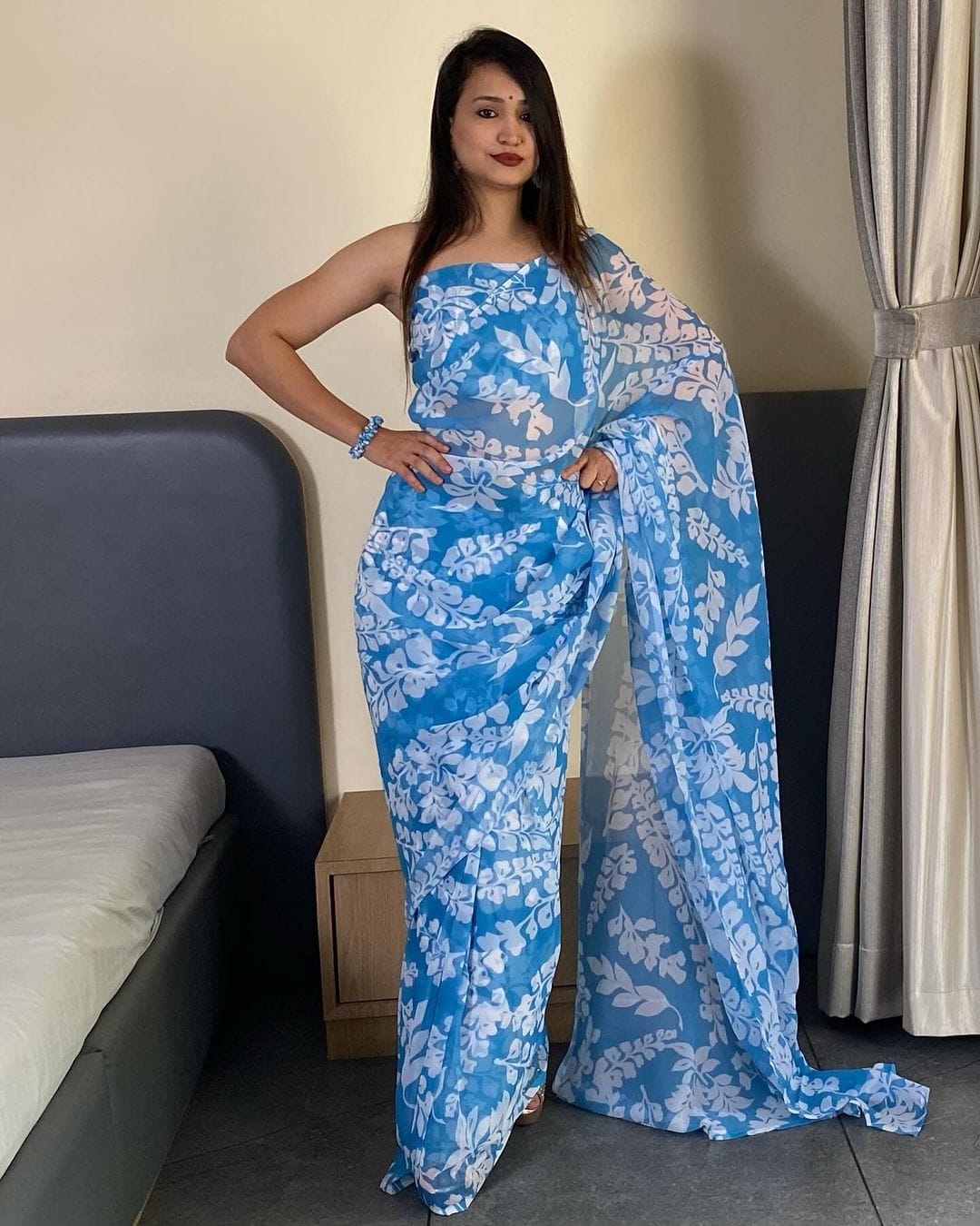 Blue And White Printed Georgette Ready To Wear Saree