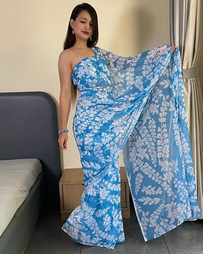 Blue And White Printed Georgette Ready To Wear Saree