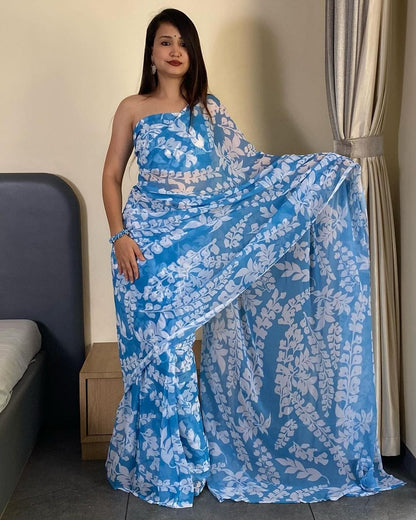 Blue And White Printed Georgette Ready To Wear Saree