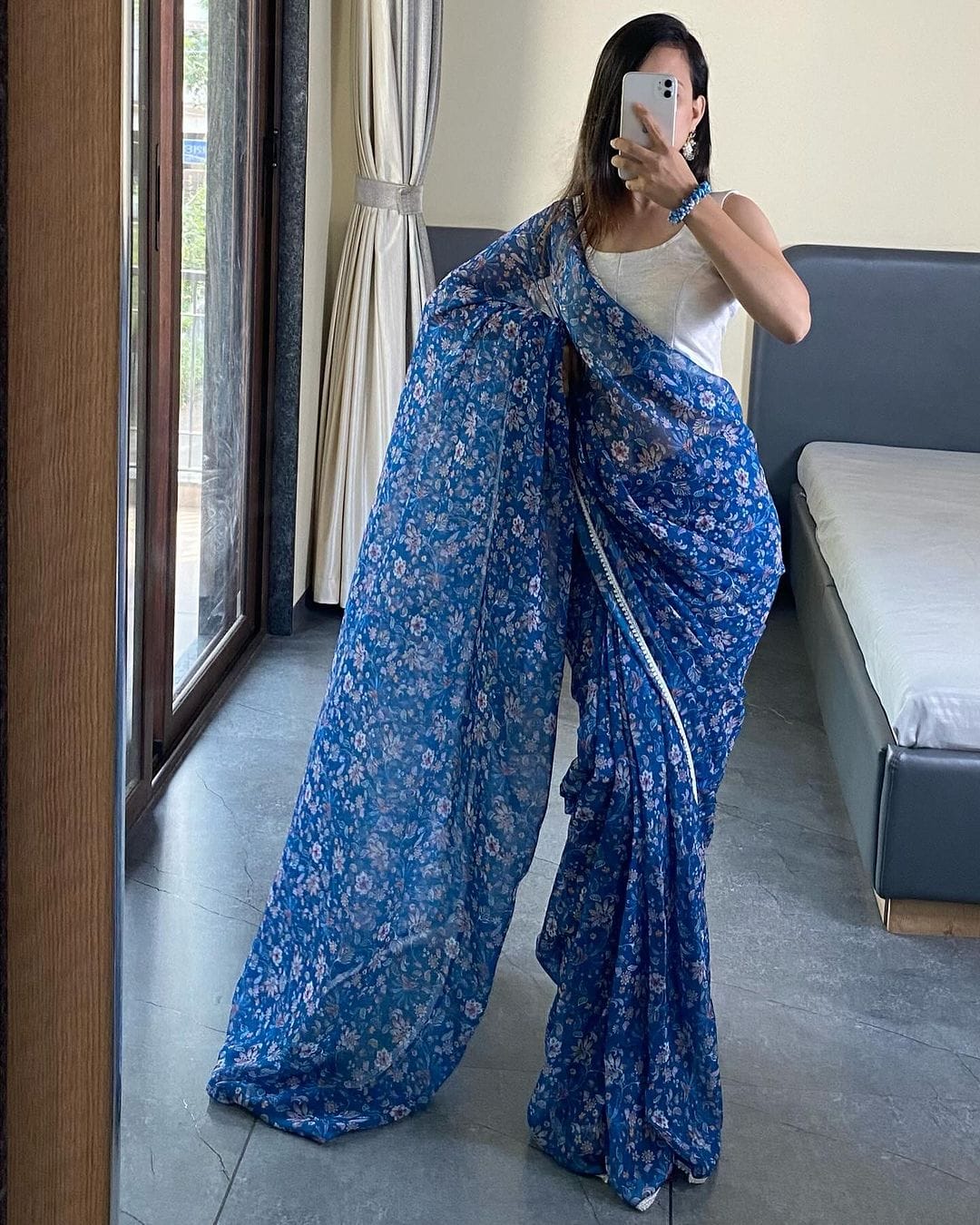 Party Wear Flower Design Blue Color  Ready To Wear Saree