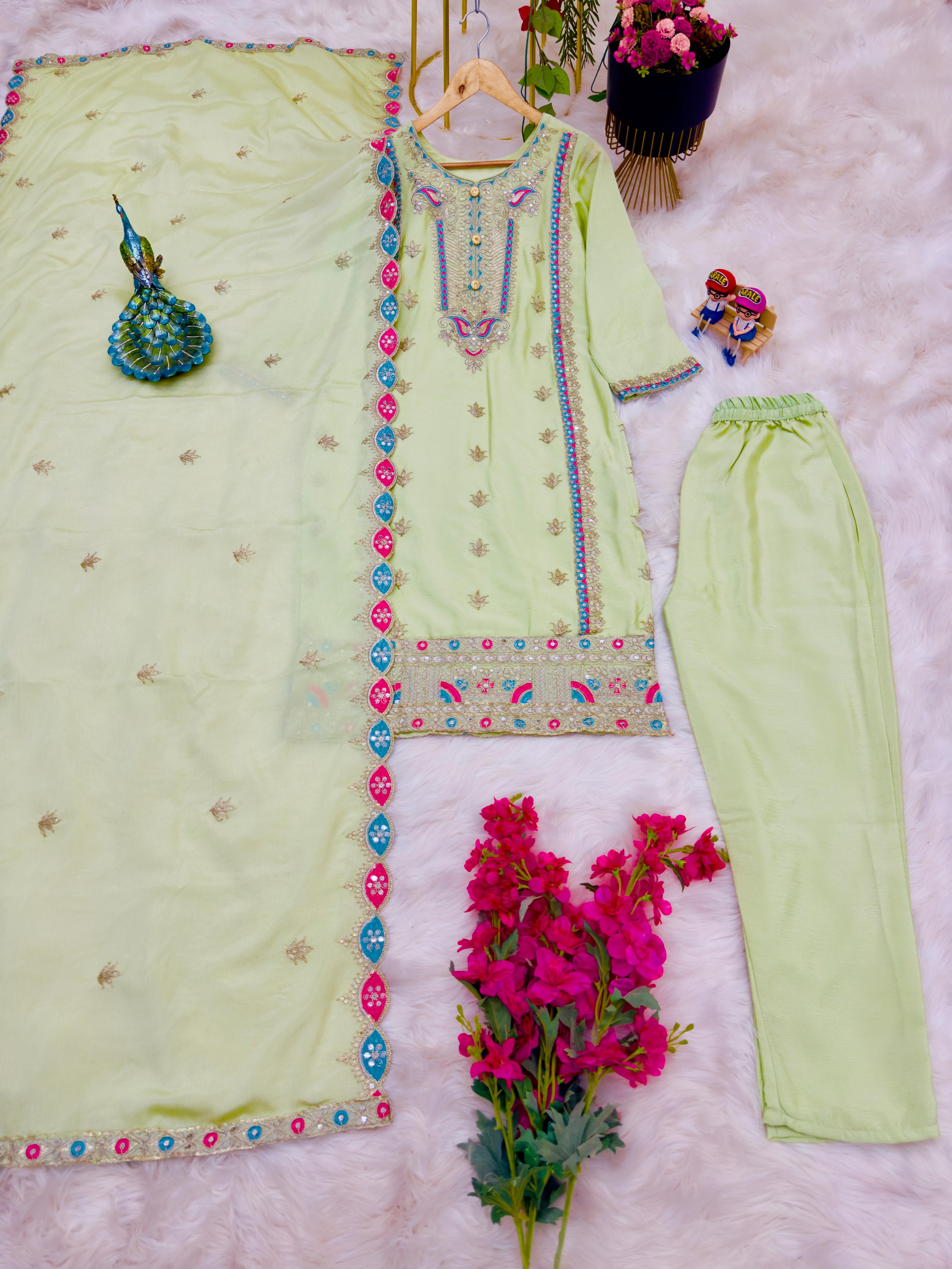 Amazing Sequence Embroidery Work Pista Color Salwar Suit