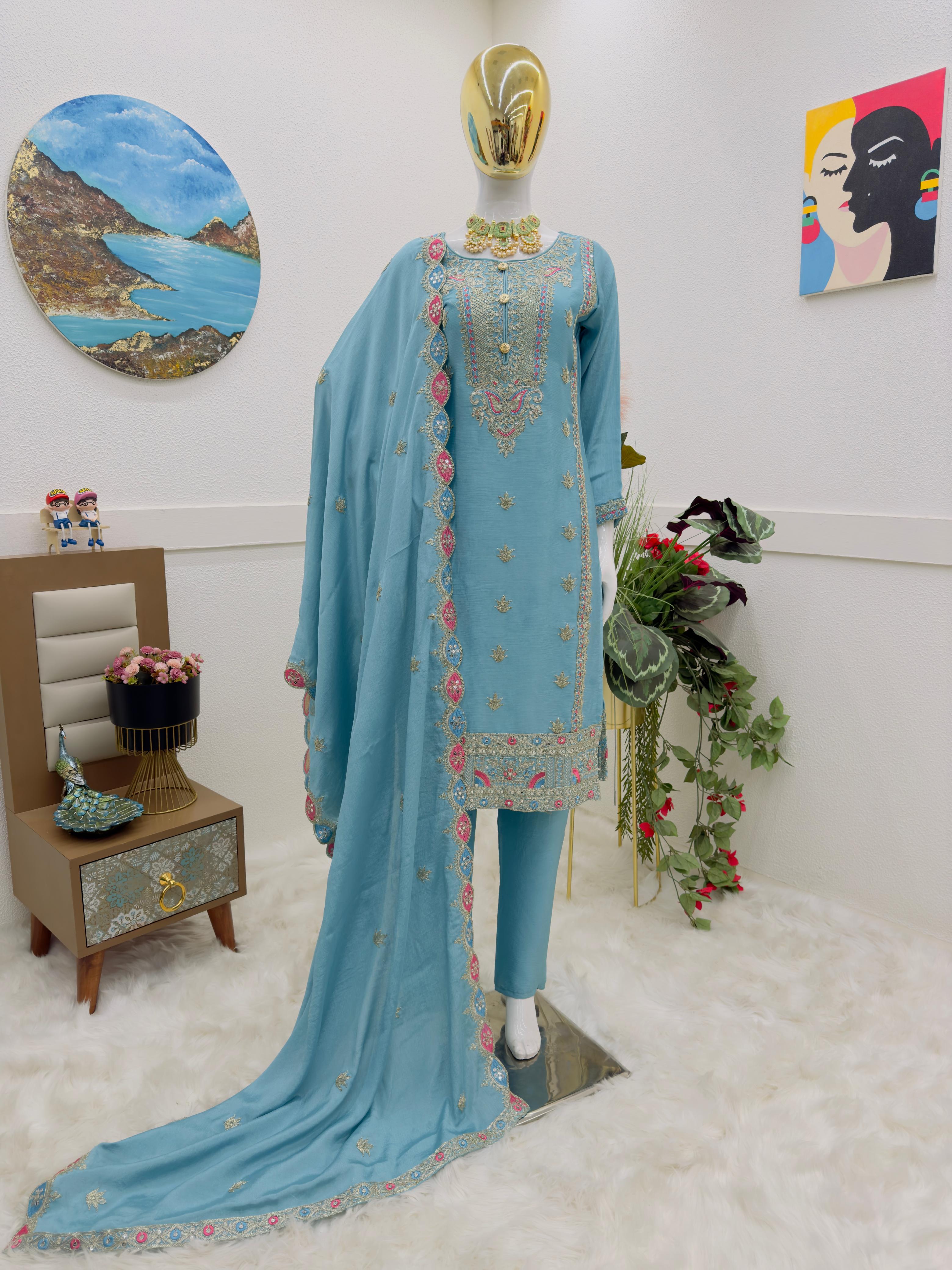 Amazing Sequence Embroidery Work Sky Blue Color Salwar Suit