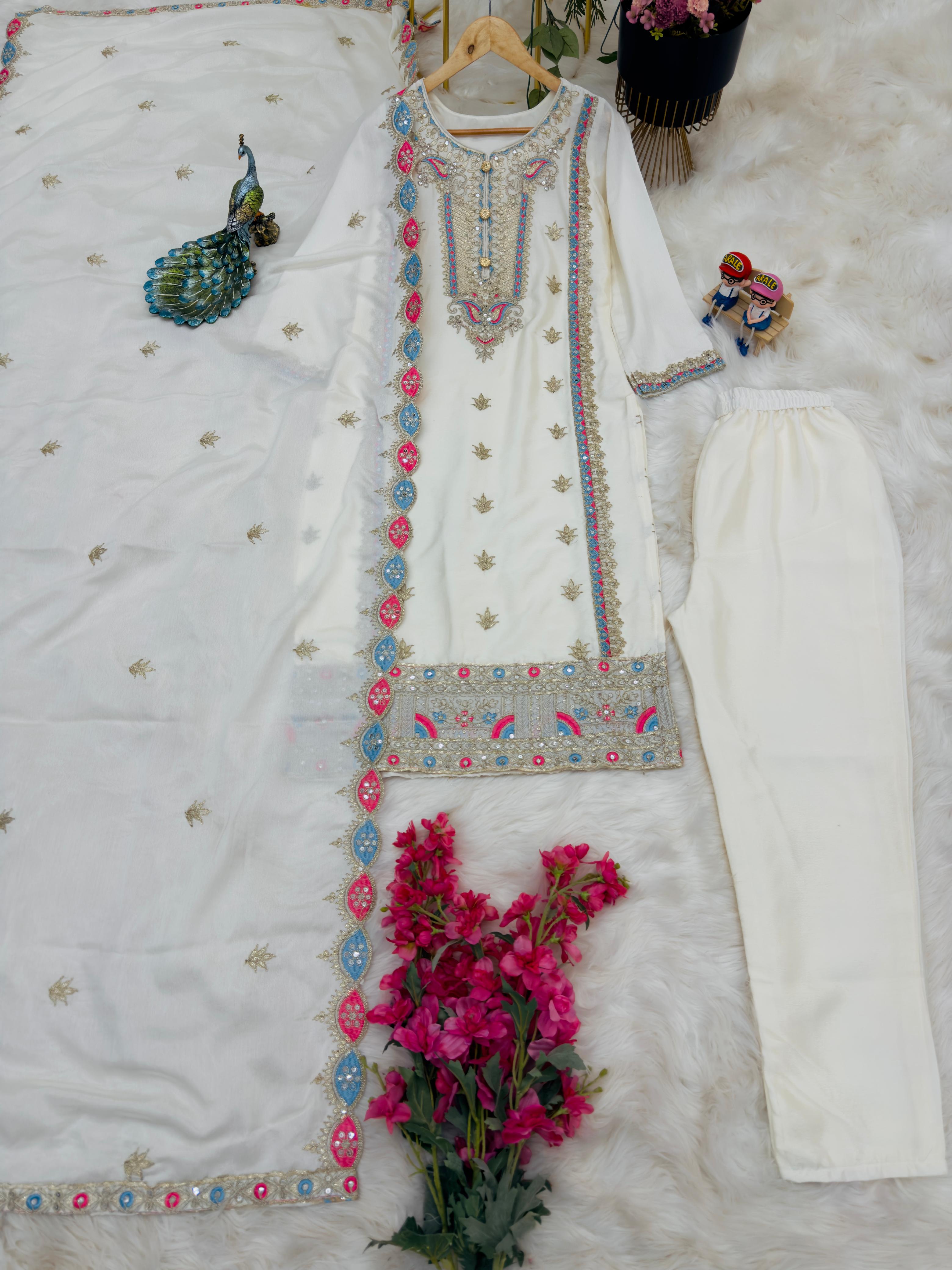 Amazing Sequence Embroidery Work White Color Salwar Suit