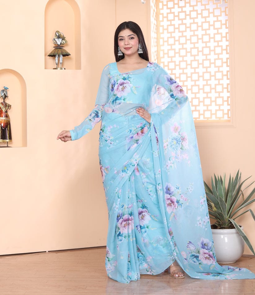 Beautiful Sky Blue Color Multi Flower Design Ready To Wear Saree