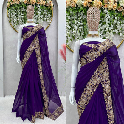 Wonderful Purple Color Embroidery Work Saree