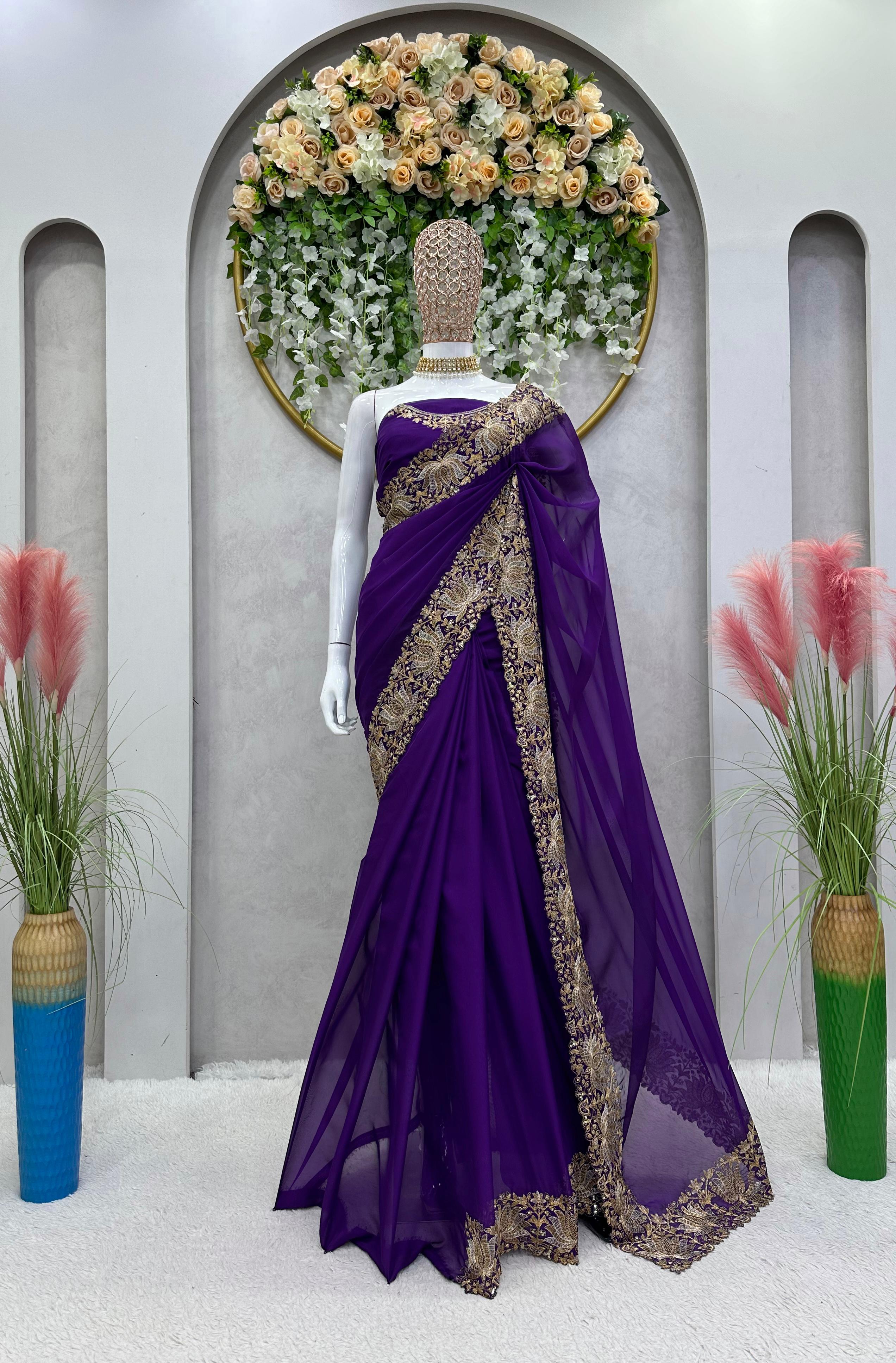 Wonderful Purple Color Embroidery Work Saree