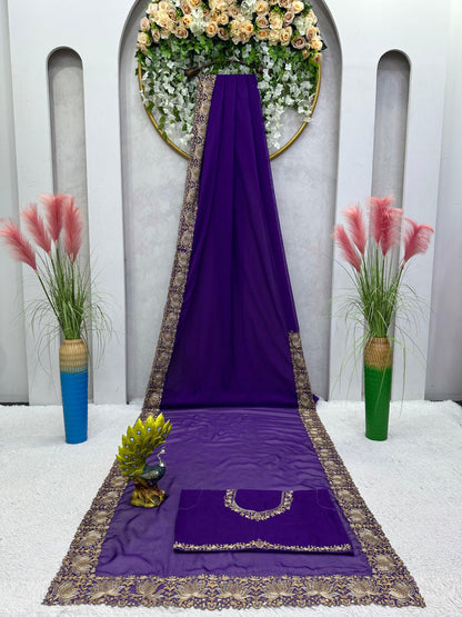 Wonderful Purple Color Embroidery Work Saree